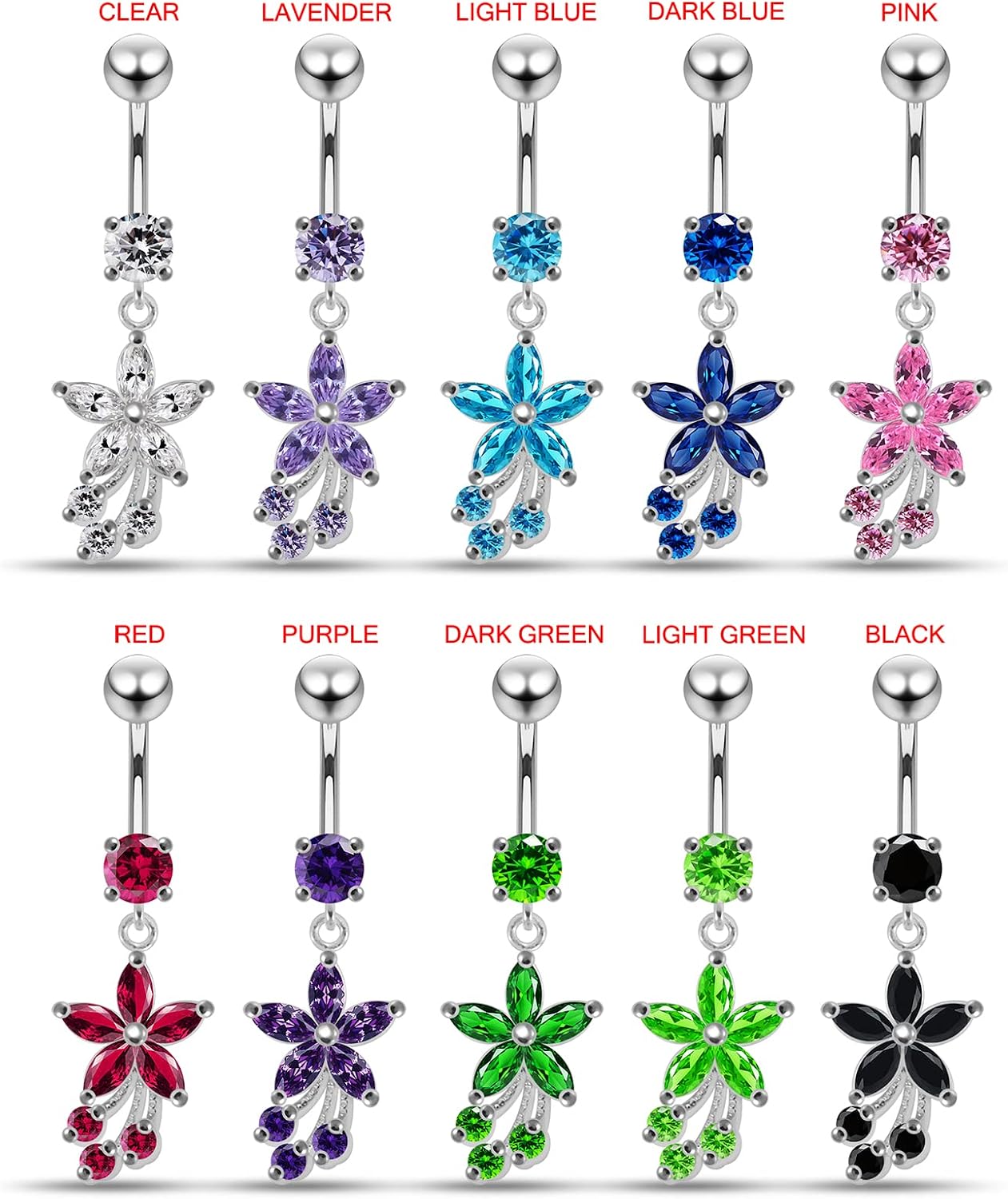 Stylish Flower with Pollen Dangling Design 925 Sterling Silver with Stainless Steel Belly Ring - Belly Button jewelry - Navel jewelry