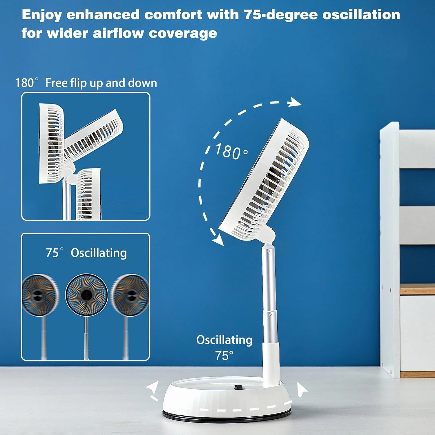 Foldable Rechargeable Oscillating Fan 8" 7200mAh Battery Operated Small Fan, Quiet Table Standing Pedestal Fans for Bedroom Office Camping Travel (White body and black front grille)