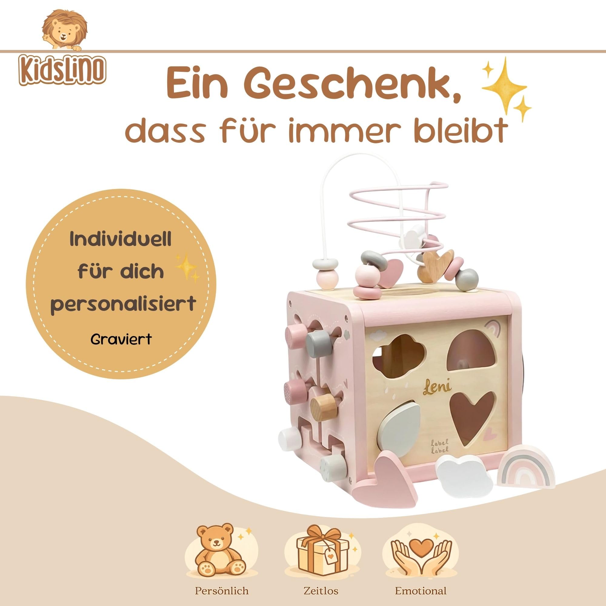 Motorikwürfel aus Holz personalisiert – Rosa – Spielzeug ab 12 Monate – Geschenk für Babys & Kleinkinder