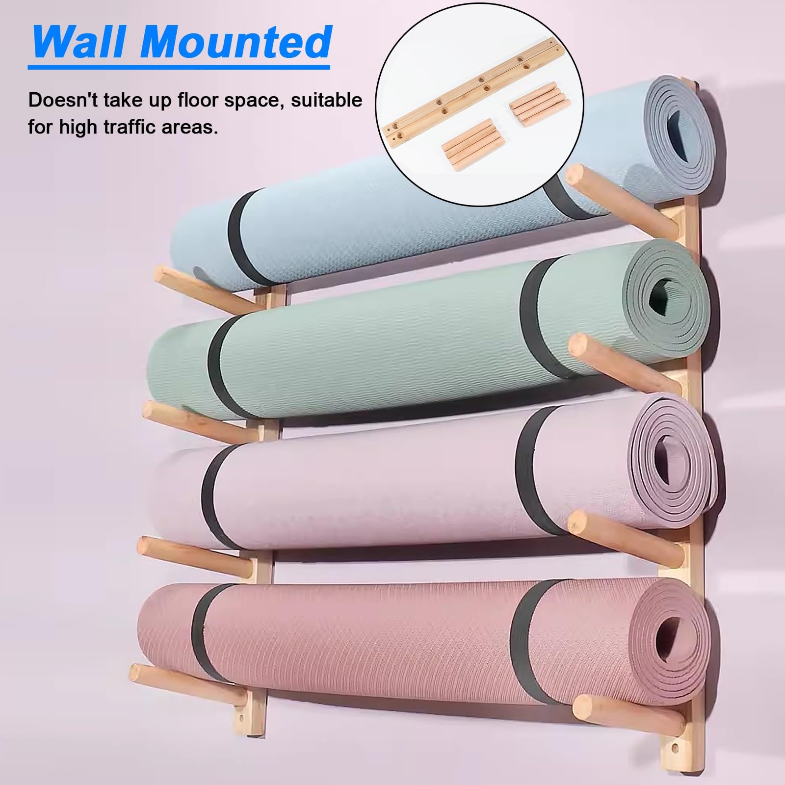 Soporte para Esterilla de Yoga, Soporte de Pared de 9 Niveles para Esterilla de Yoga - Estante de Madera Comercial para Rodillos de Espuma y esterillas de Fitness - Ideal para casa, Estudio,