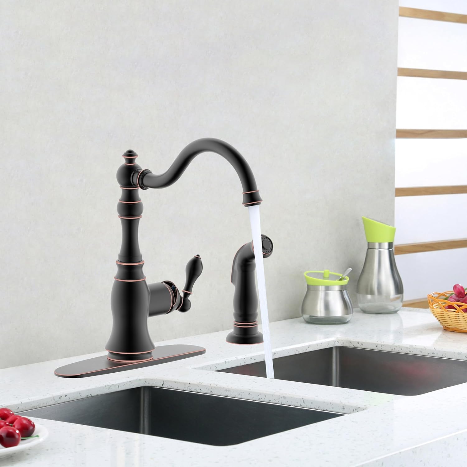 Oil Rubbed Bronze Kitchen Faucet with Side Spray, 8 Inch Single Handle Kitchen Sink Faucet with Deck Plate,2 Hole or 4 Hole Installation,Classic Style,KF-6832TB-ORB