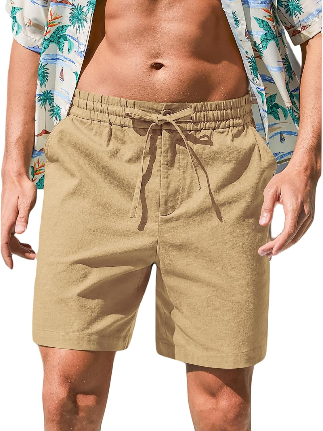 RQP Mens Cotton Linen Shorts Casual Drawstring 7inch Inseam Shorts Stretch Summer Beach Wear