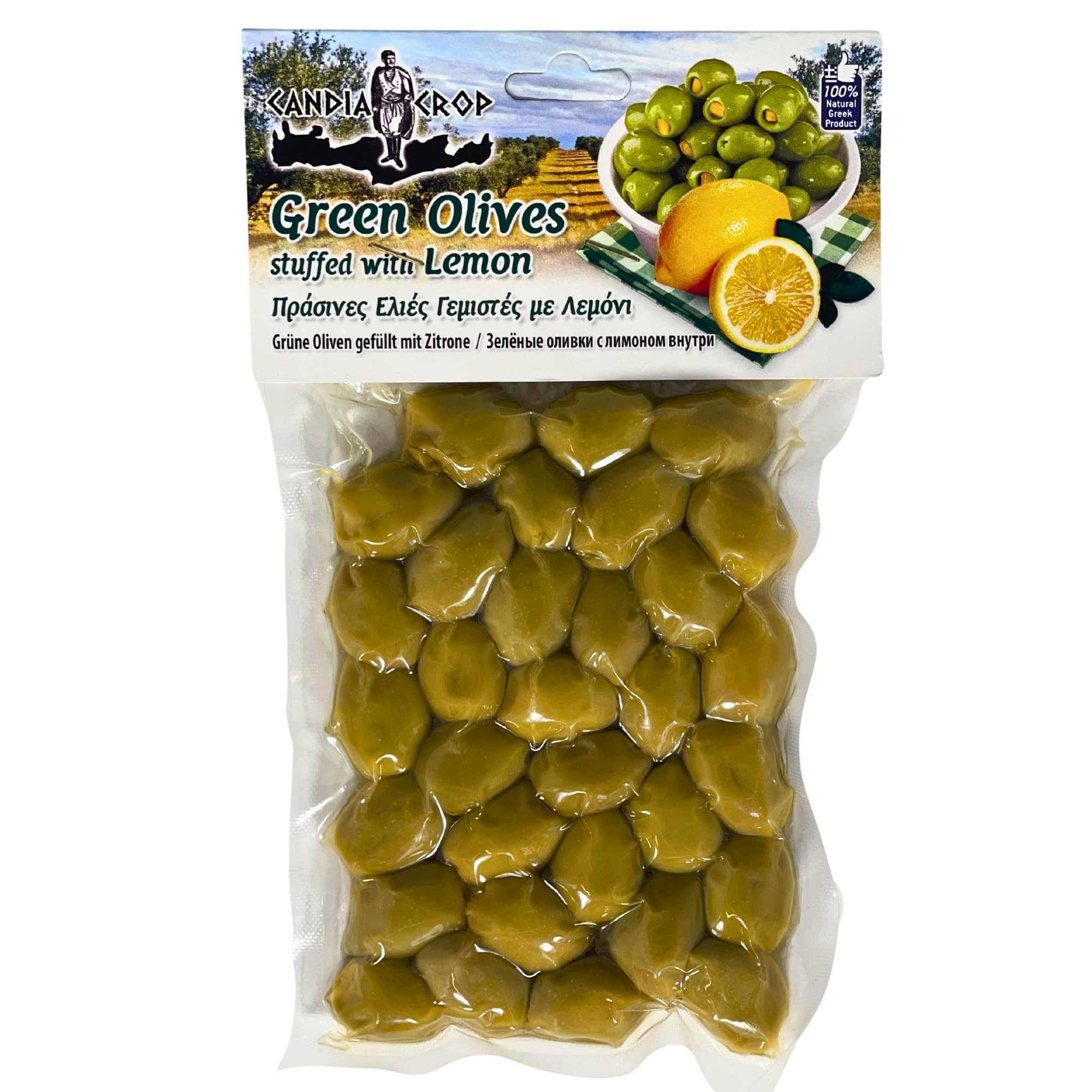 Candia Crop Greek Olives — Green Olives Stuffed with Lemon – Pitted Whole Olives in Brine, Product of Greece, Pack of 2 x 200 g (Total: 400 g)