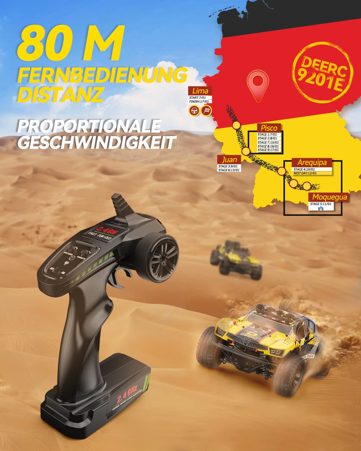 DEERC Coche teledirigido 1:10 con luces RC 48 km/h 4WD Offroad Hobby Grade Monster Crawler con 2 baterías de 40 minutos de autonomía, 2 bandejas para coche, para adultos, niños (9201E)