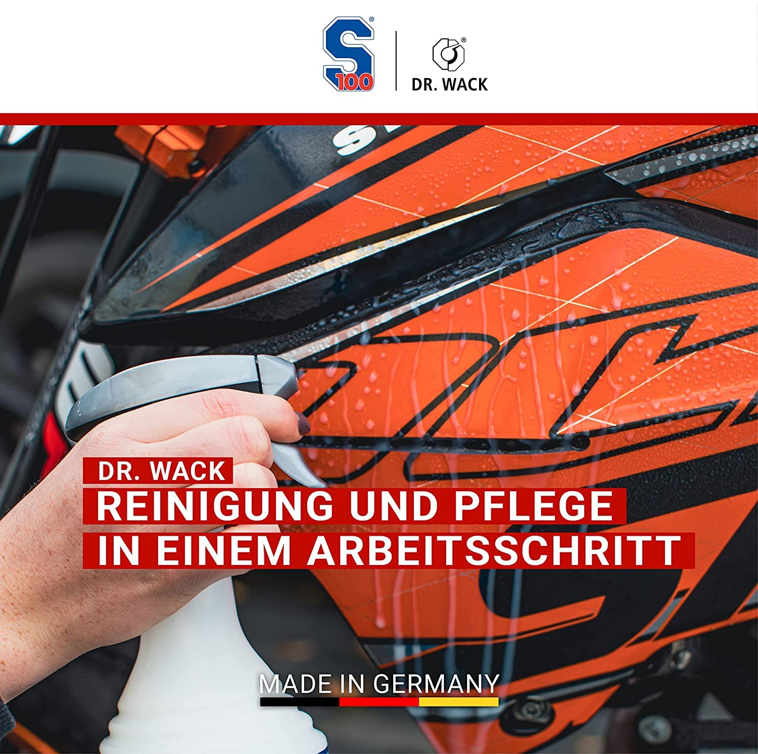 Motorrad Reinigung, Trocknen & Detailer Bundle - Dr. Wack S100 Total Reiniger Plus + Bike Detailer S100 Schnellreiniger + detailmate Trockentuch & Poliertuch + Microfiber Monkey Waschhandschuh