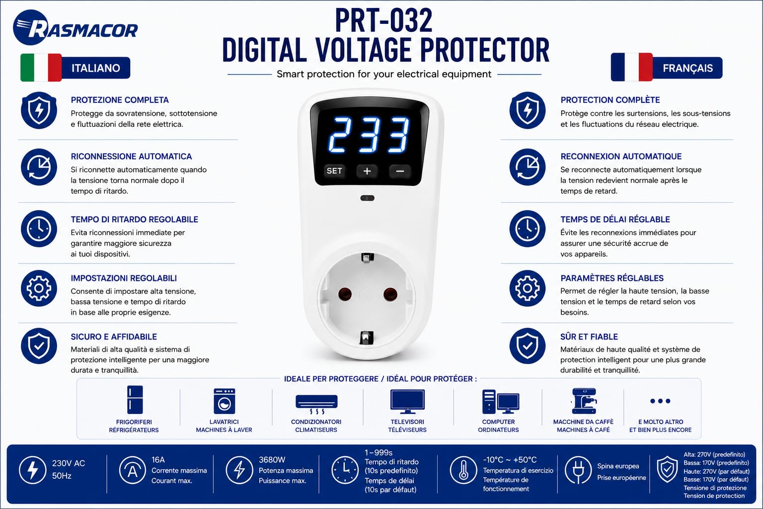 RASMACOR Protector de Voltaje Digital 16A 230V y 3680w con Enchufe | Protección contra Sobretensiones y Bajo Voltaje | Pantalla LED Digital para Electrodomésticos, Aire Acondicionado, Refrigerador