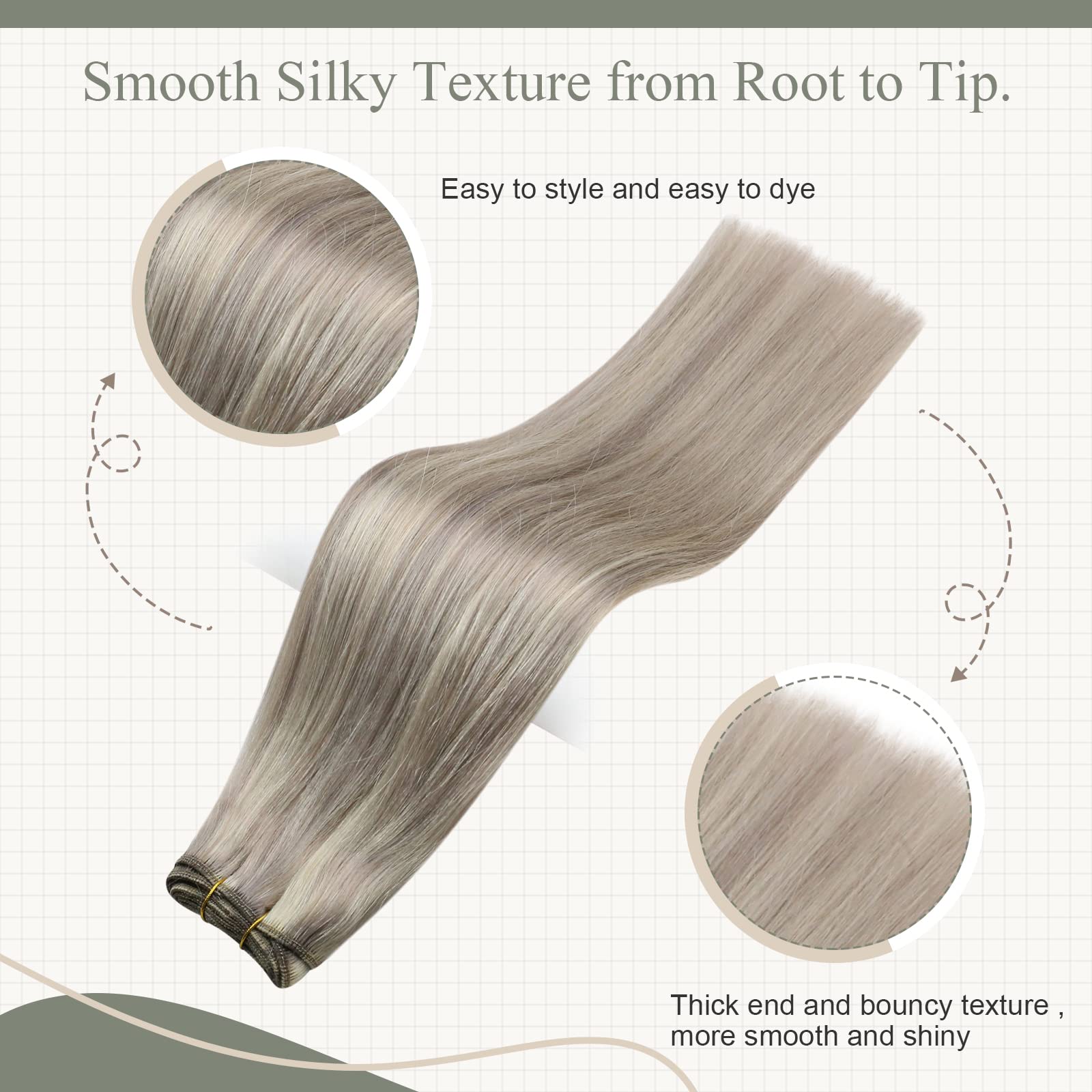 Fshine Extension Capelli Veri Tessitura Biondo Grigio Con Highlight Biondo Platino Extesion Matassa Capelli 45CM 100g Extension Cucitura Capelli Veri Remy Extension Capelli Bundles Lisci #19AP60