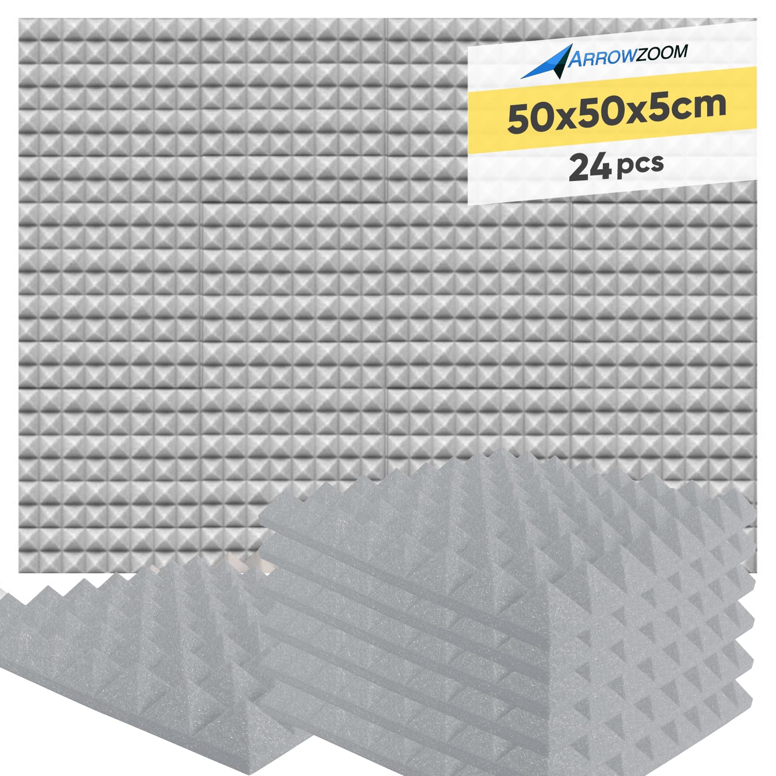 Arrowzoom 24 Panels acustico absorción sonido Pirámide 50x50x5cm Espuma acústica aislamiento acustico estudio de grabación Casas Estudios Azulejos Incombustibles Insonorizados AZ1034 GRIS | Espuma acustica de alta densidad para reduccion de eco, absorcion