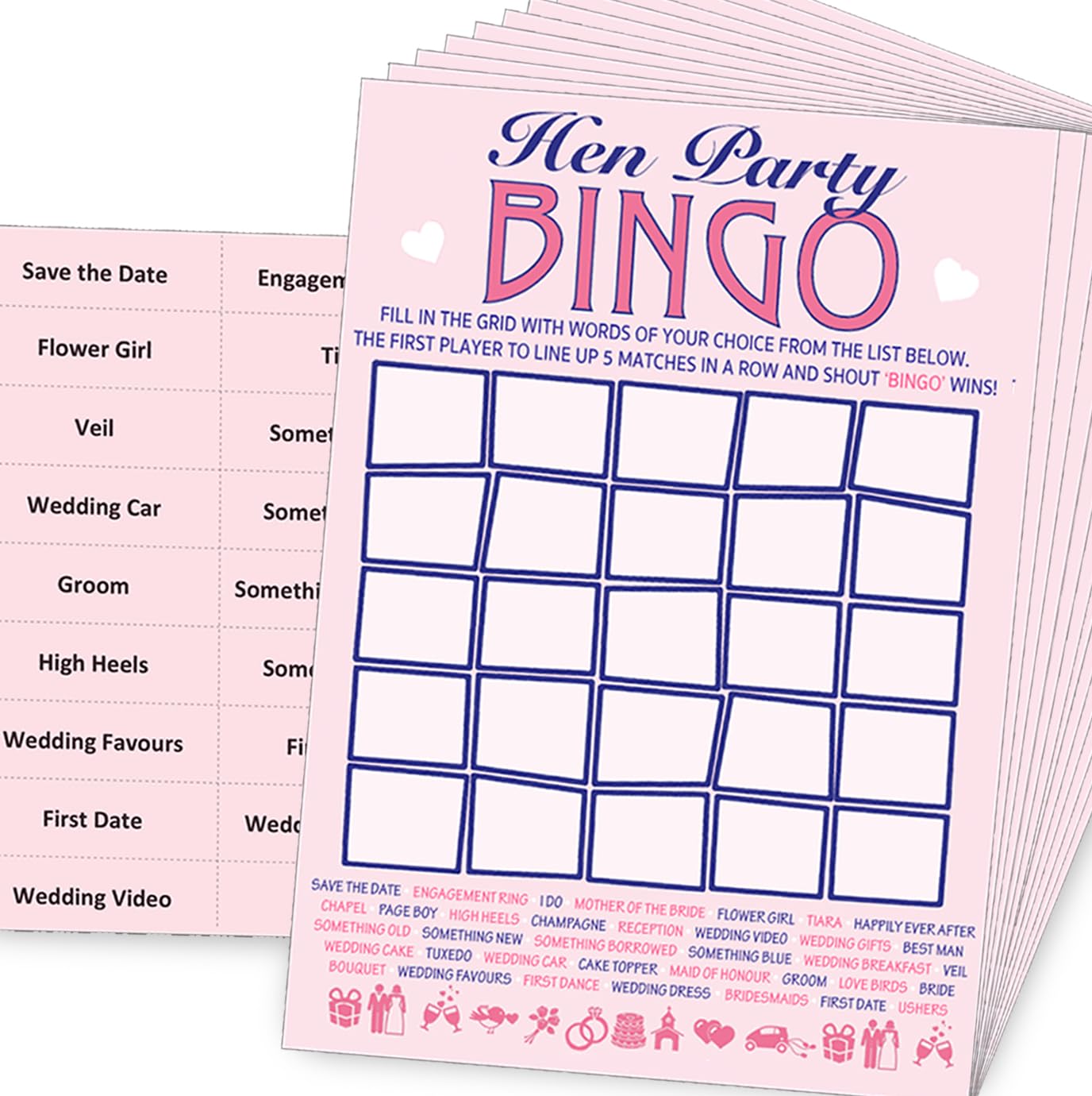 Hen Party Bingo Game – 20 Player Bingo Cards with Calling Cards & Word Grid – Fun Hen Do Game for Bride Tribe – Bridal Shower & Bachelorette Party Game – UK Printed - Lovely Little Things
