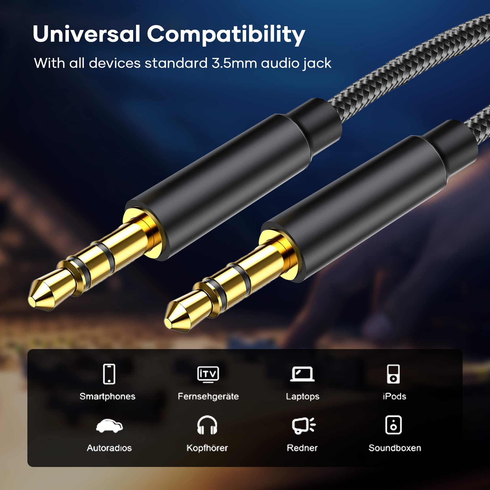 Câble Jack 3.5mm, Cable Jack Audio Mâle vers Mâle Câble Auxiliaire Stéréo en Nylon Compatible avec Casques, Autoradios, Smartphones, iPhones, iPod, iPad, Lecteur Mp3 et Plus (1.2M)