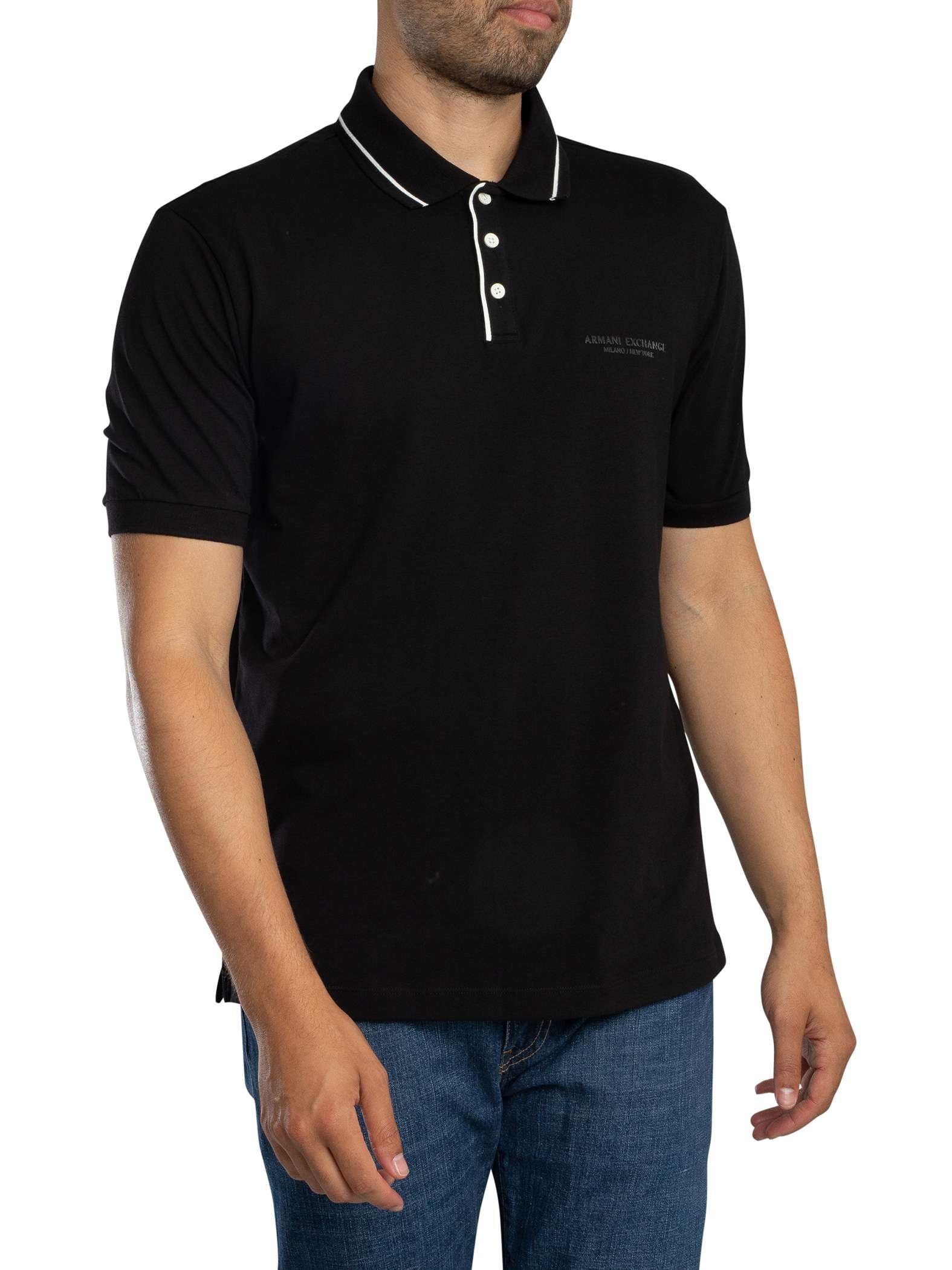 Armani Exchange Essential, Striped Collar Side Milan-Nowy Jork Logo z napisem Polo, czarny, L męski, czarne, L