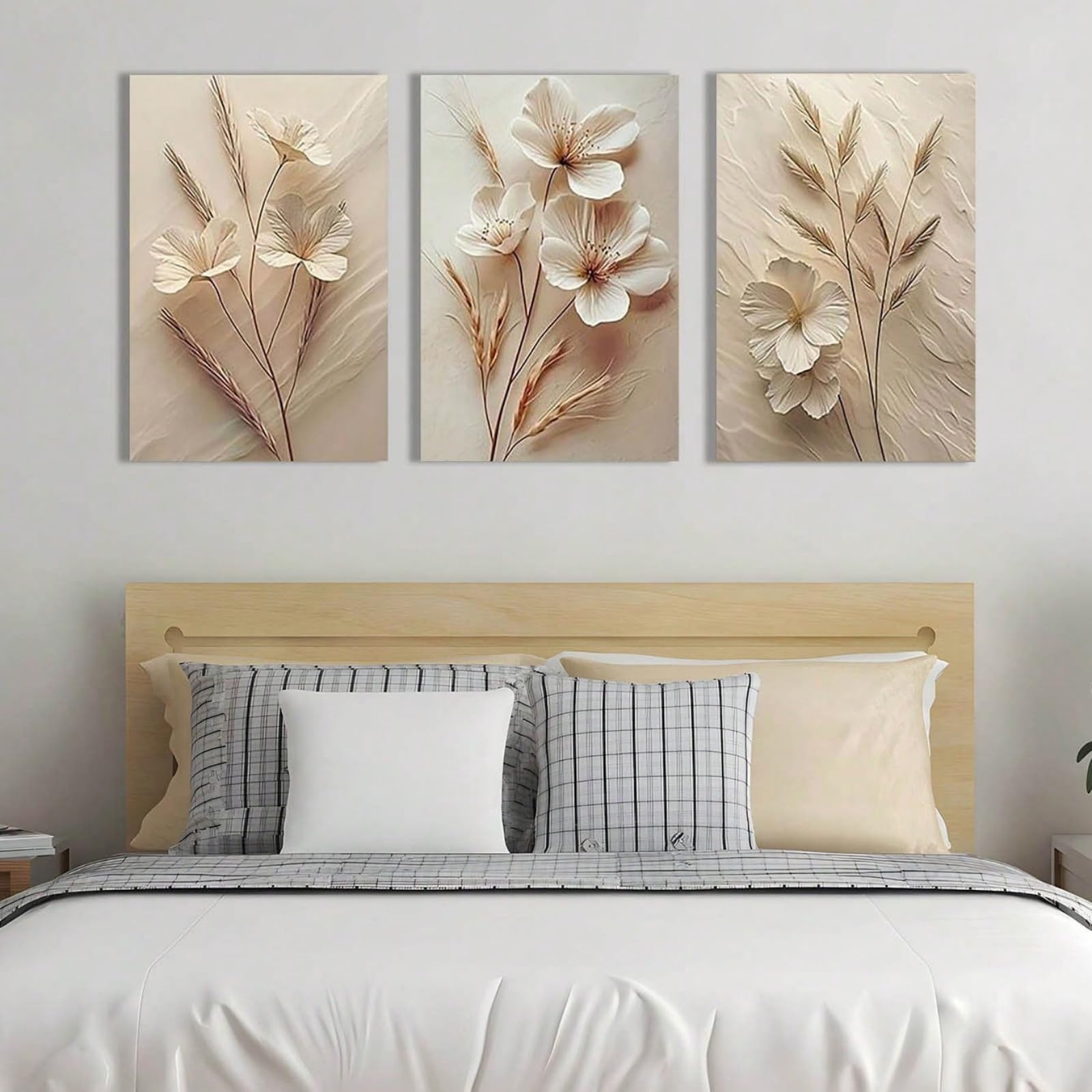 JORCEDI Beige Botanical Canvas Wall Art Set of 3, Boho Abstract Floral Flower Posters Prints, Japandi Minimalist Living Room Decor, 21x30-50x70cm, Unframed (30x40 cm,A)