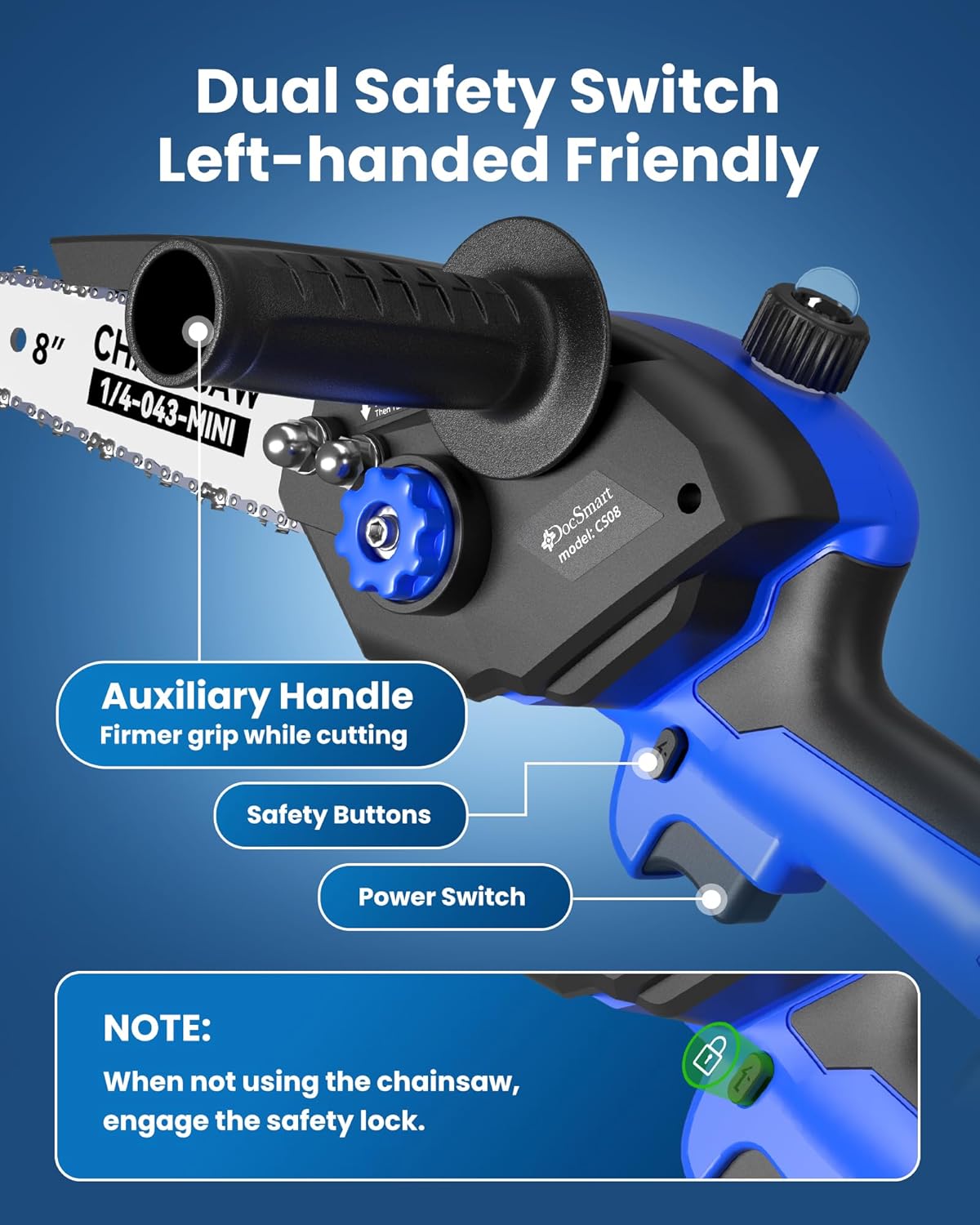 8 Inch & 6 Inch Brushless Mini Chainsaw Electric Cordless+20'' Cordless Hedge Trimmer with 3000RPM 180" Rotatable Head Blue