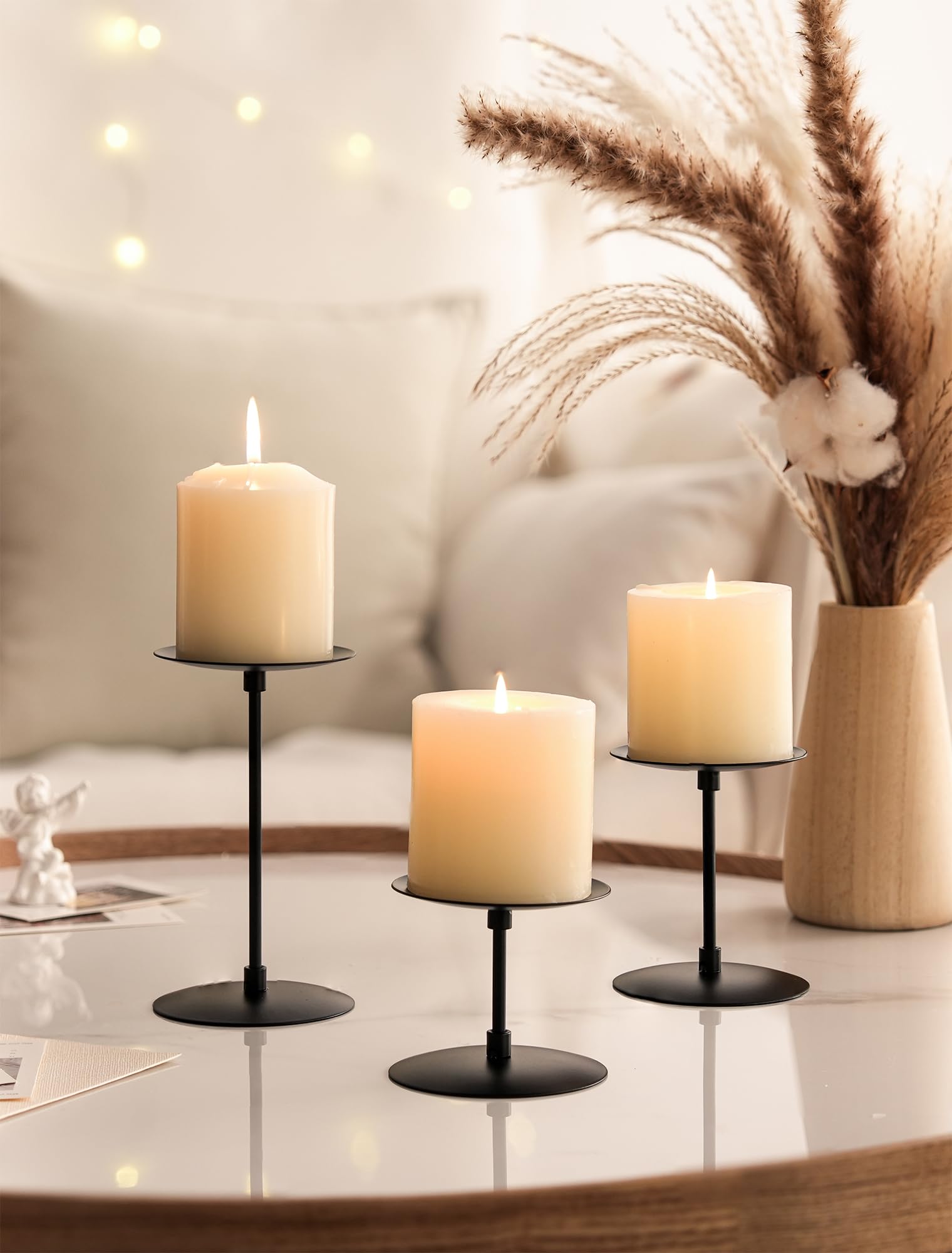Set Di 3 Portacandele In Ferro Nero Altri 30-40 Cm – Decorativi Per Matrimoni, Tavolo E Camino