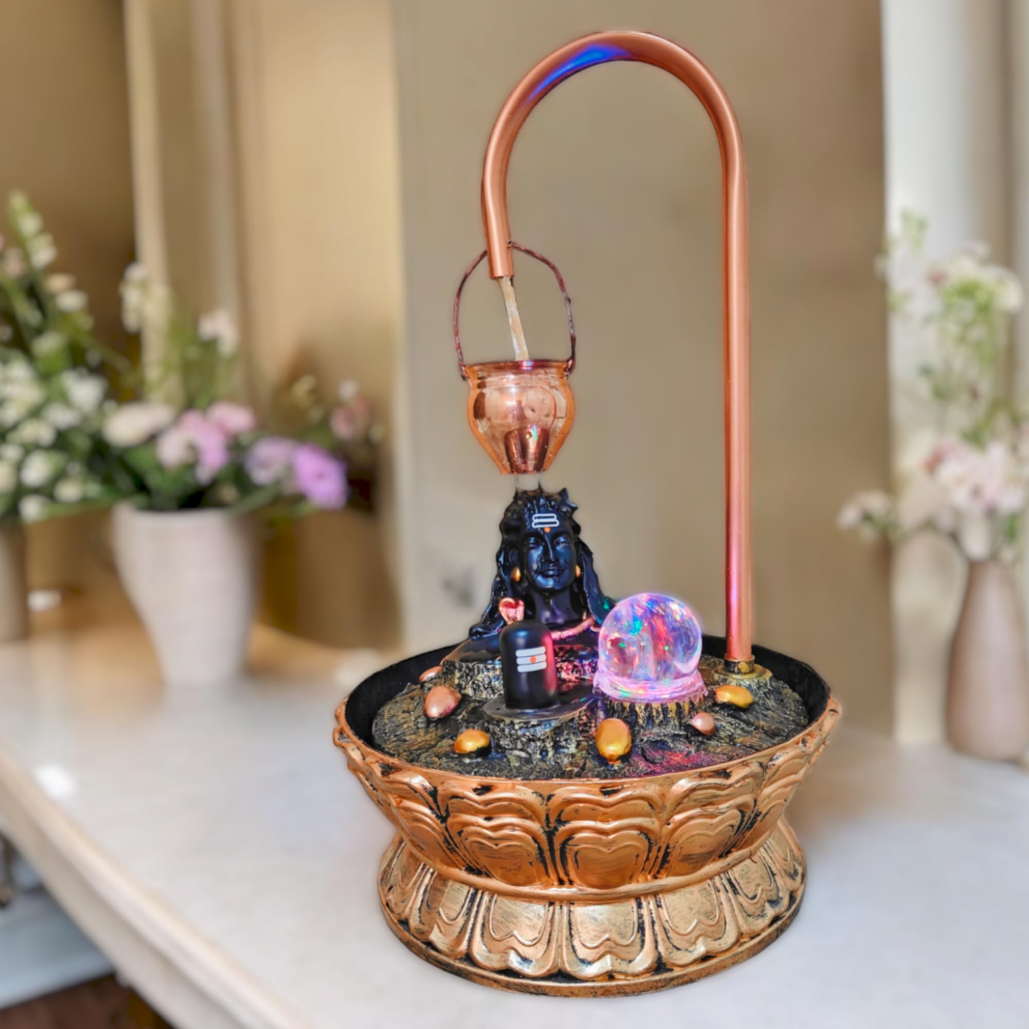 Decrosh. Feel the Luxury Copper Metal Shivling Water Fountain With Crystal Ball for Home Decor Showpiece Tabletop Waterfall Decoration | Indoor & Outdoor (Big, Adiyogi)