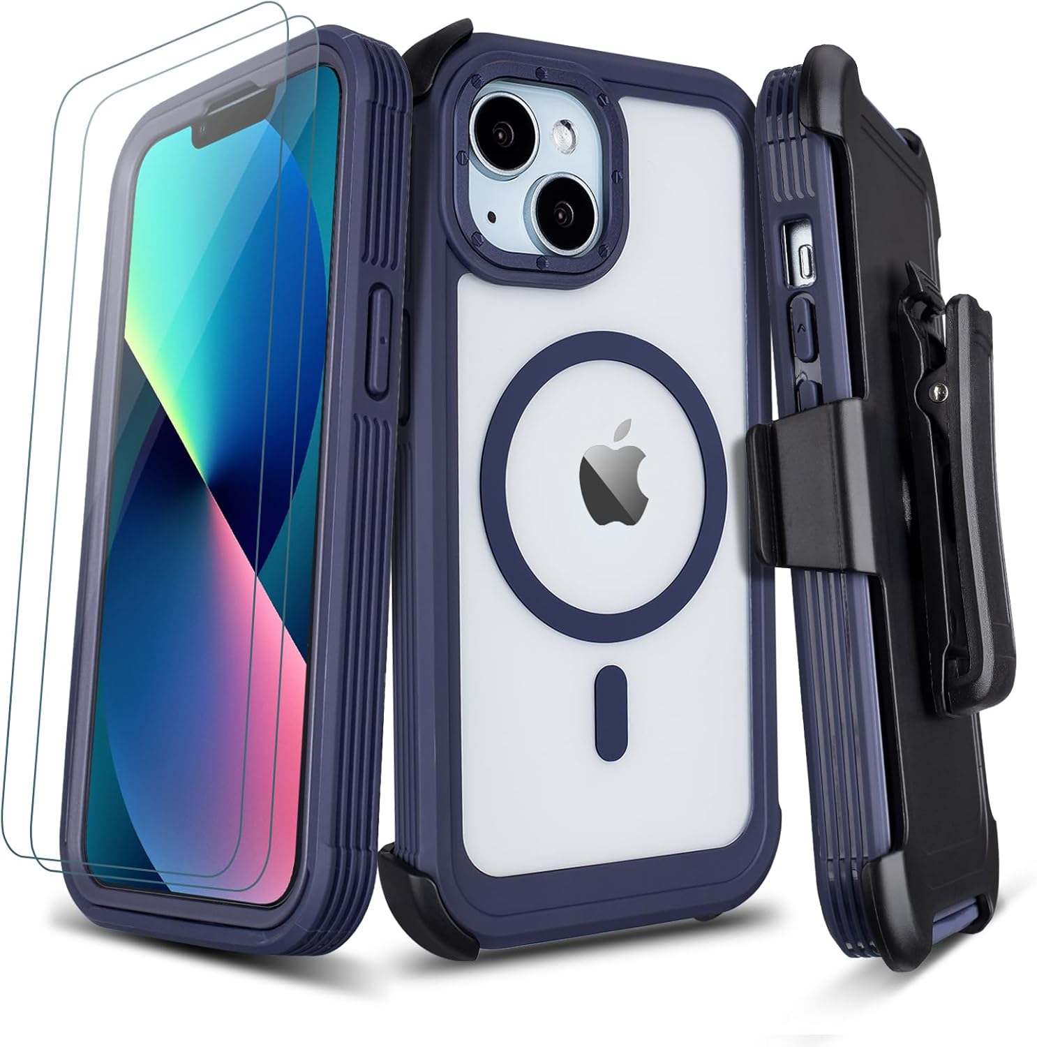 Defender for Clear iPhone 13 Case with Belt Clip Holster + 2 Screen Protectors, Compatible with MagSafe, Anti-Yellowing, Full-Body Phone Cover for iPhone 13 Case (Clear & Blue)