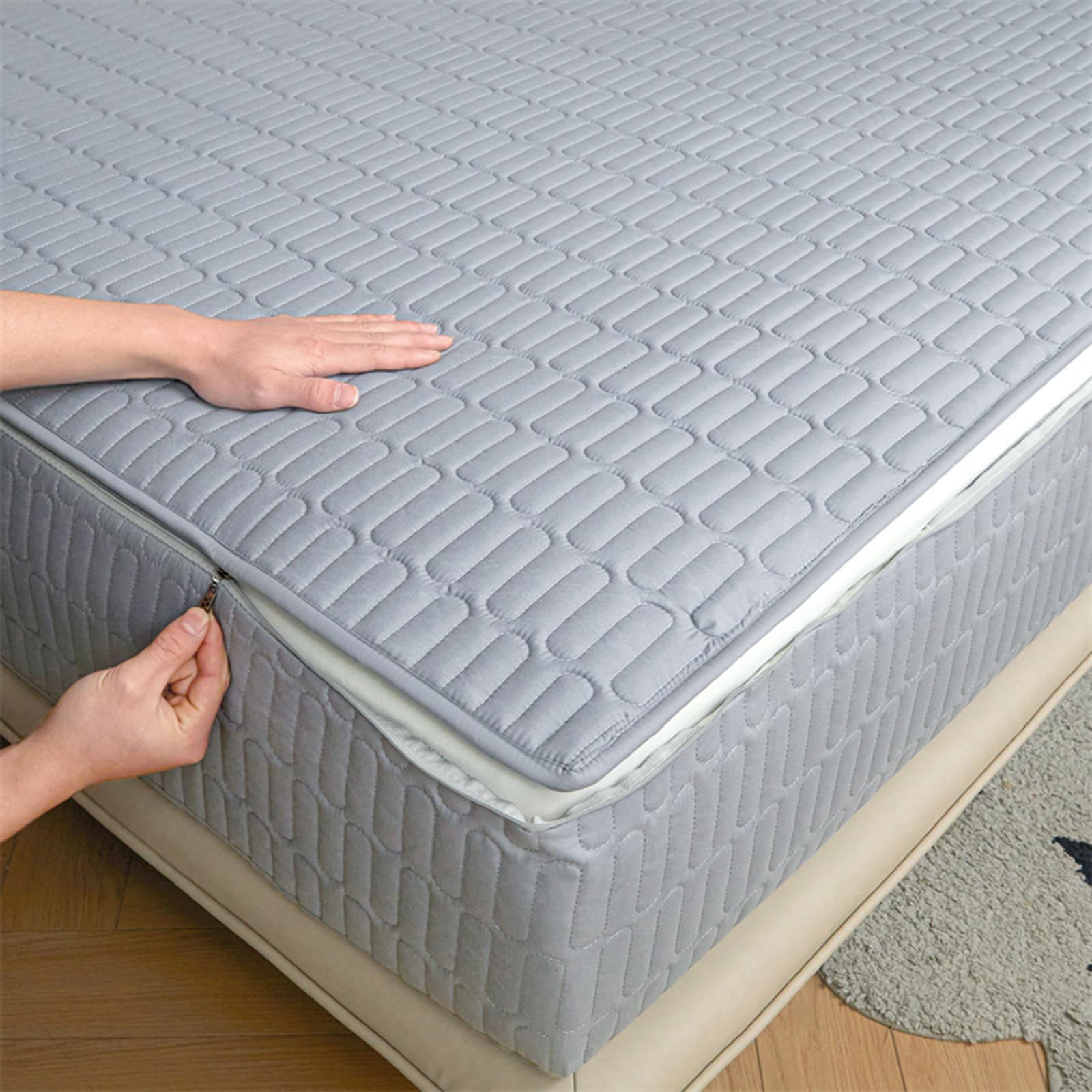 Zipped Quilted Mattress Protector Single Bed 90x190 Customizable Five-sided Quilted Mattress Cover Double/King Zip Up Bed Sheets Breathable Mattress Encasement Topper Fitted Sheet(90x200+15cm,Blue A)