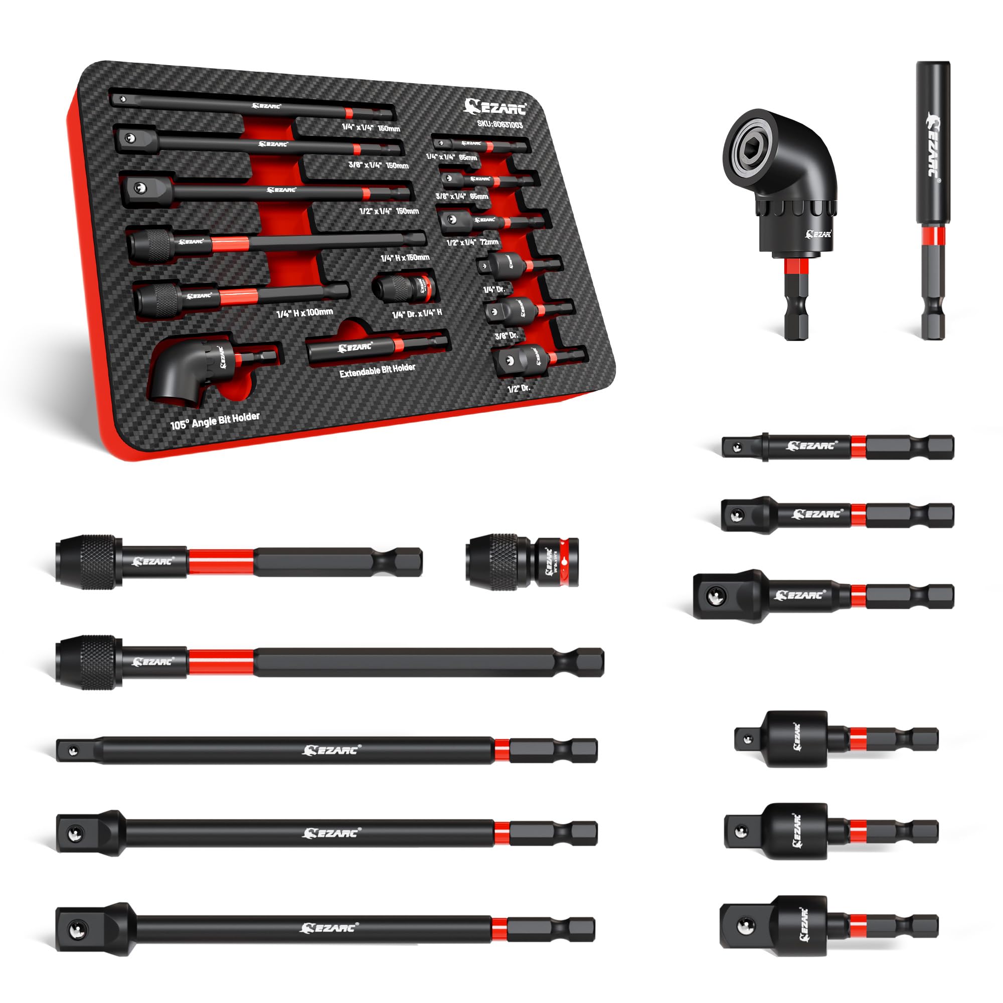 EZARC 14PC Impact Socket Adapter Set, 1/4",3/8",1/2" Square Drive Socket Adapter,Quick-Release & Magnetic Drill Bit Extension,Swivel & Right Angle