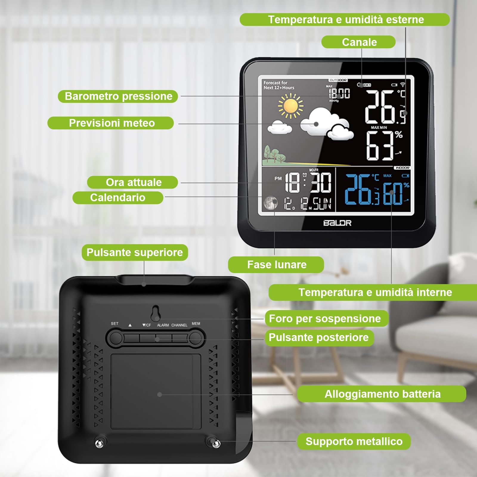 LEVIPE Stazione Meteo con Sensore Esterno Senza Fili – Stazione Meteorologica Wireless con Display a Colori, Previsioni del Tempo, Temperatura Interna/Esterna, Umidità, Orologio Atomico, Fasi Lunari