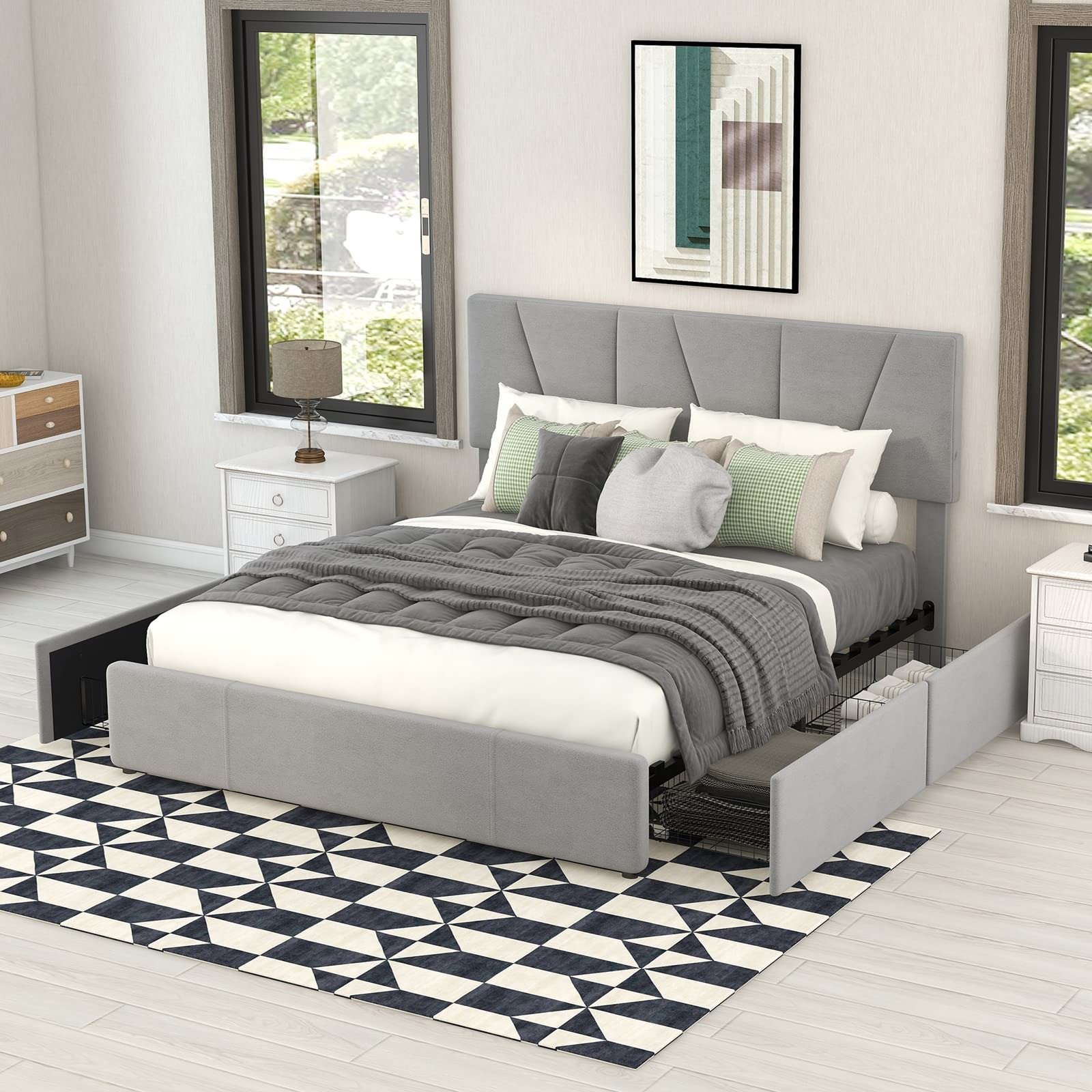 Cama Doble Tapizada Con LED (160x200cm) - 4 Cajones Y Estructura Metálica ¡Dormitorio Moderno!