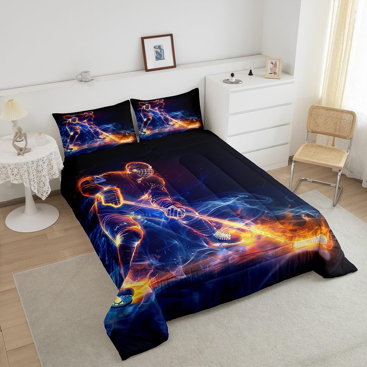 Feelyou Kids Twin Ice Hockey Comforter Set Hockey Player Bedding Set Winter Sports Comforter for Kids Boys Girls Sports Duvet Set Adult Bedroom Decor Bed Set 2Pcs