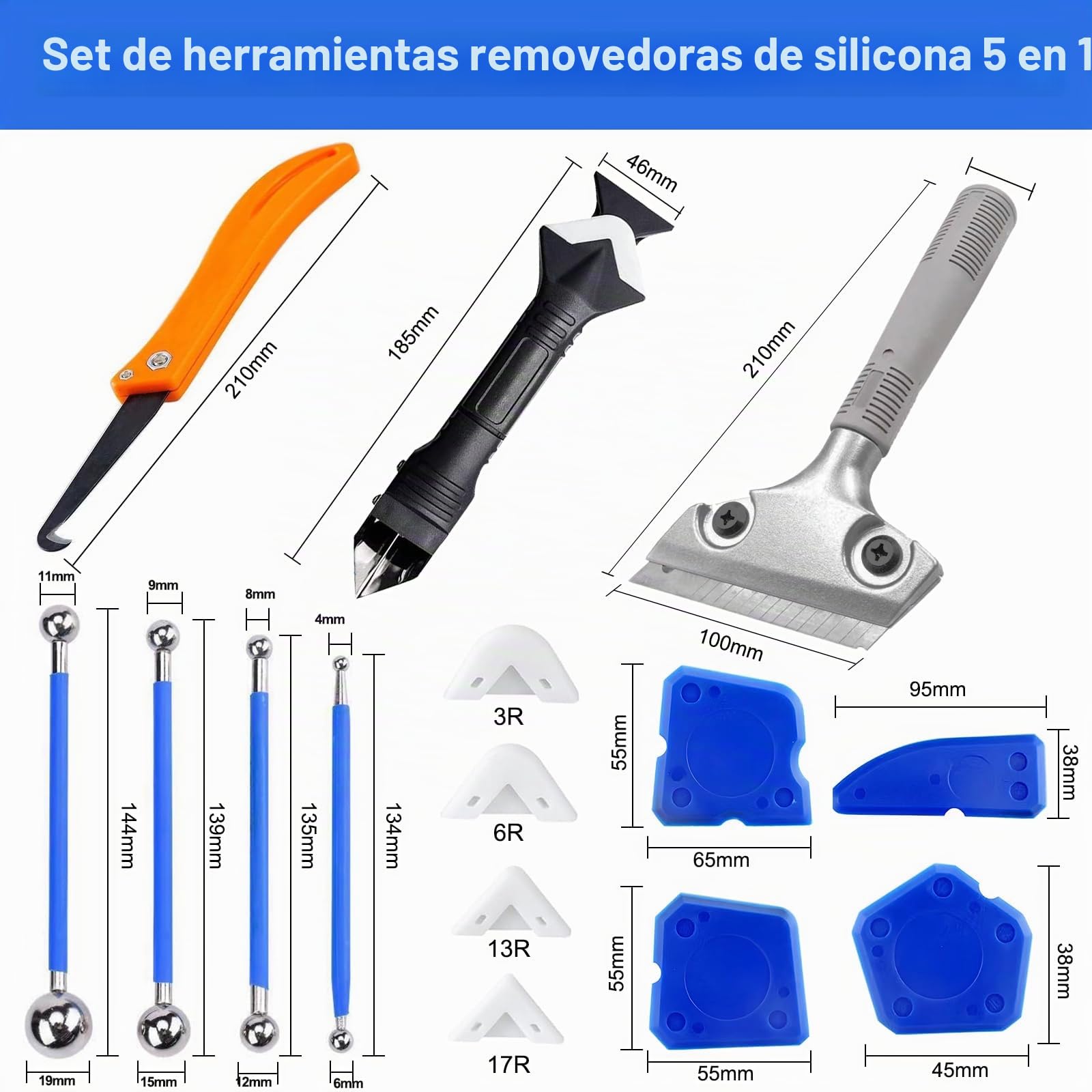 Aplicador Silicona,5 en 1 de Quita Silicona Juntas y Herramientas de Calafateo,Espatula,Removedor de Calafateo para Ventana、Baldosas、Cocina、 Baño