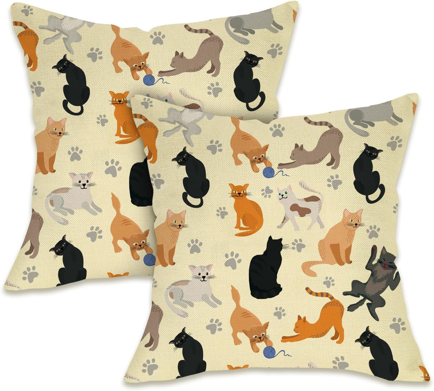 Fahrendom Cat Theme Decorative Throw Pillow Covers 18 x 18 Set of 2, Funny Porch Patio Outdoor Pillowcase Pet Owner Lover Gift, Cute Paw Prints Sofa Couch Cushion Case Home Decor