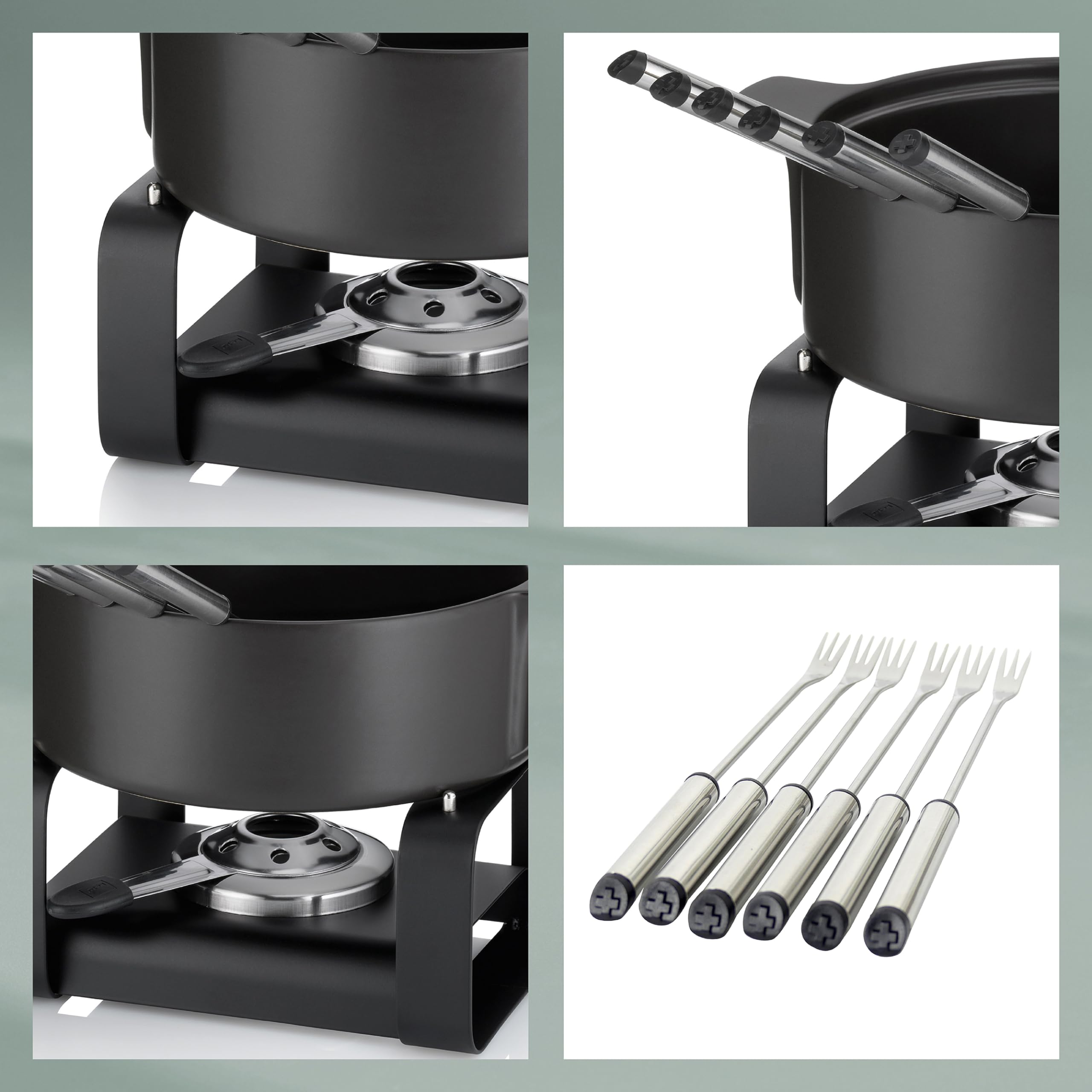 kela Käsefondue-Set Roman, 9-teilig, Durchmesser 22,5 cm, 1,75 L, Keramik, schwarz, Topf, Sicherheitspastenbrenner, Rechaud, 6x Fonduegabeln, 16665