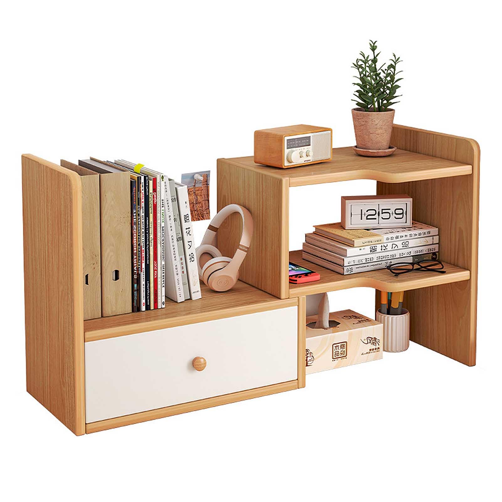 Desk Organizer with Drawers, Office Cubicle Shelf Expandable Countertop Organizer Dorm Desk Hutch Desktop Bookshelf Display Shelf