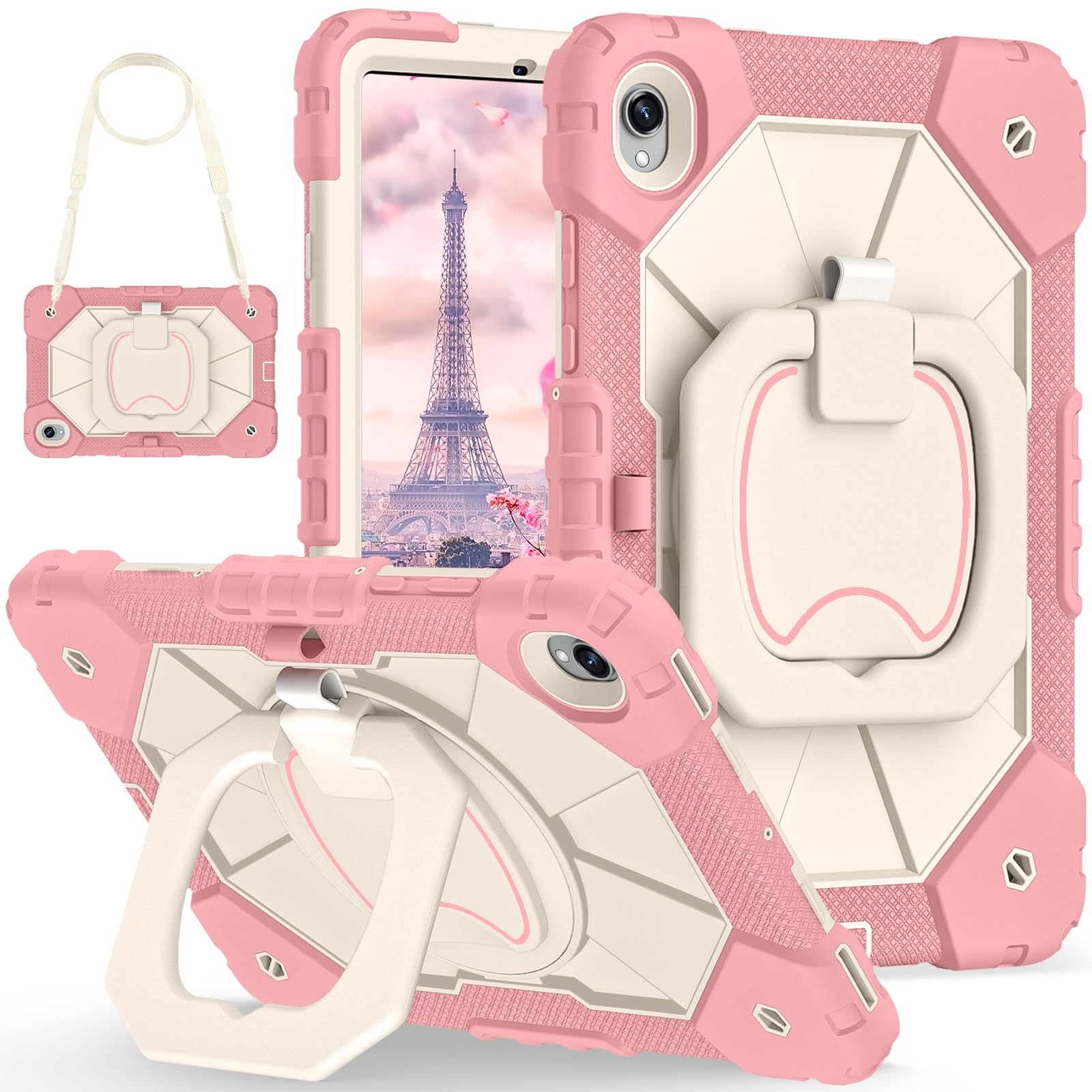 Etui do Samsung Galaxy Tab S11 2025 Model SM-X730/X736B 11-calowa, wytrzymała, odporna na wstrząsy obudowa, etui ochronne W 360 Obrotowa podpórka + pasek rękę + ramię(Rose Gold)