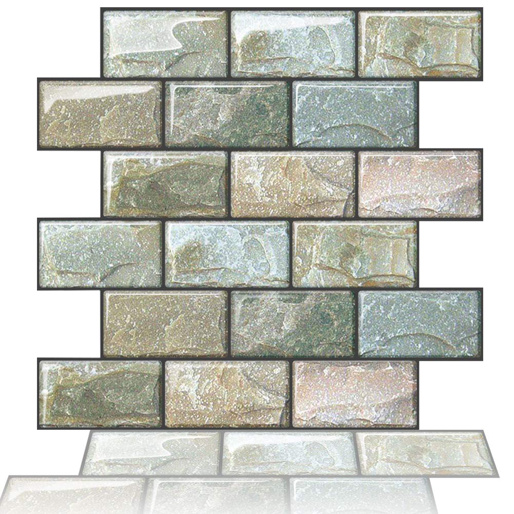 Yoillione 10 Sheets Self Adhesive Wall Tiles for Kitchen Backsplash, Vinyl 3D Stick on Green Brick Stickers for Bathroom, Waterproof Subway Tile Transfers