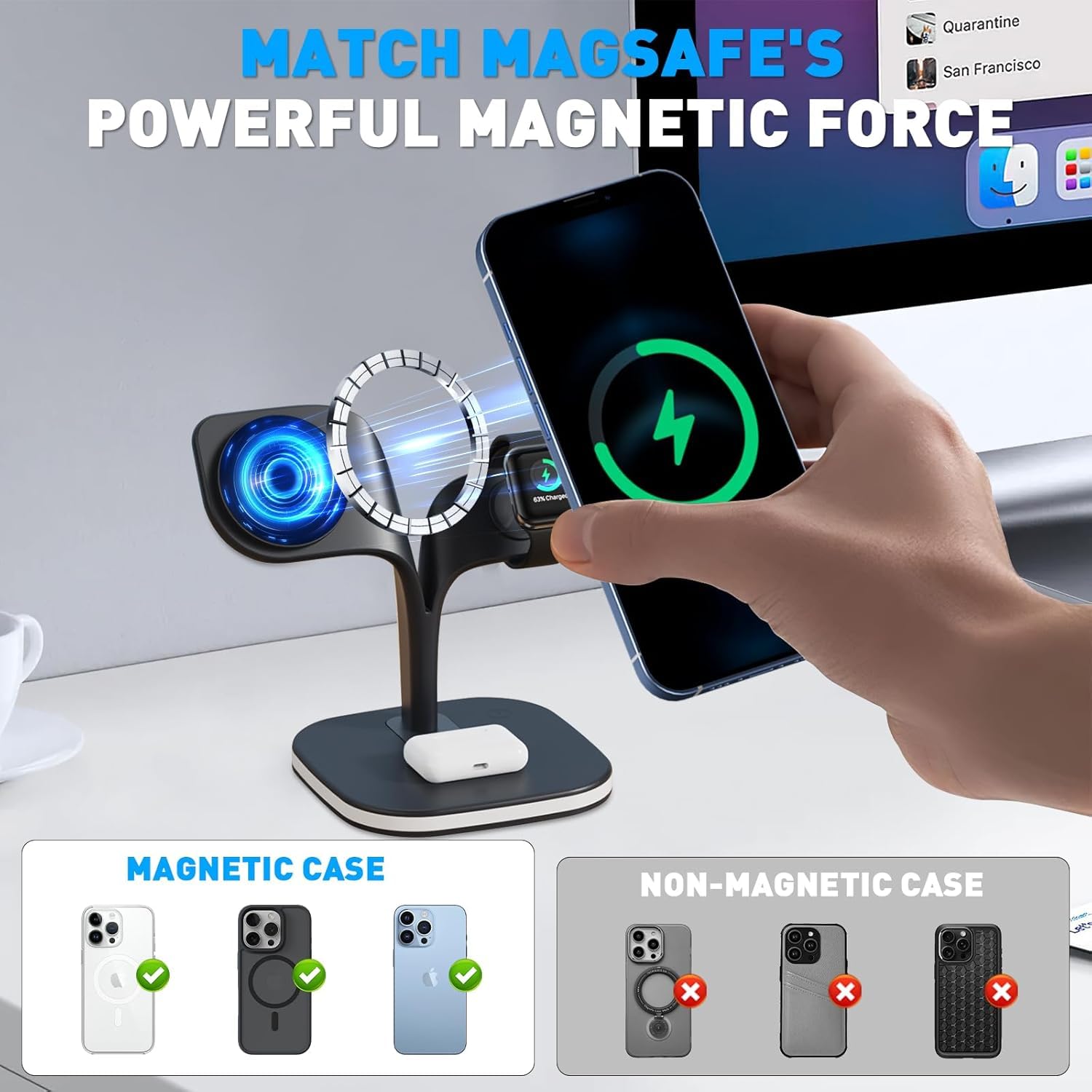 Stacja ładująca 5 w 1 do zegarka Apple Watch i iPhone, ładowarka magnetyczna do Magsafe iPhone 17 16 15 14 13 12 Series bezprzewodowa ładowarka do Apple Watch indukcyjna stacja ładująca do AirPods (z