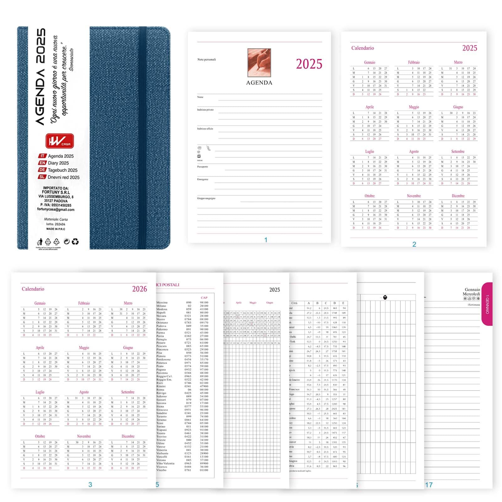 HW CASA Agende 2025 Giornaliera A5 Copertina Rigida con 200 Pagine Spesse Segnalibro in Raso Pianificazione Mensile e Giornaliera Etichette Colorate per i 12 Mesi