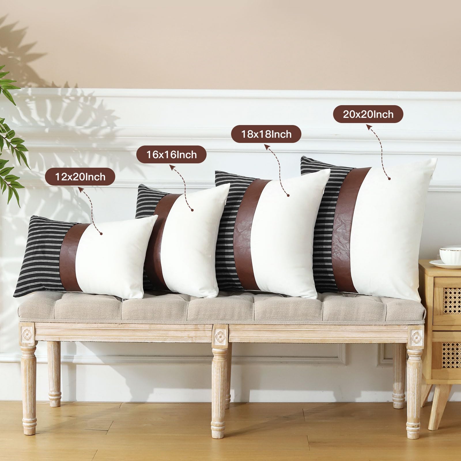 Vfuty Set Di 2 Federe Per Cuscini Decorative 45x45 Cm In Ecopelle E Cotone, Motivo Tribale Righe, Nero - 3