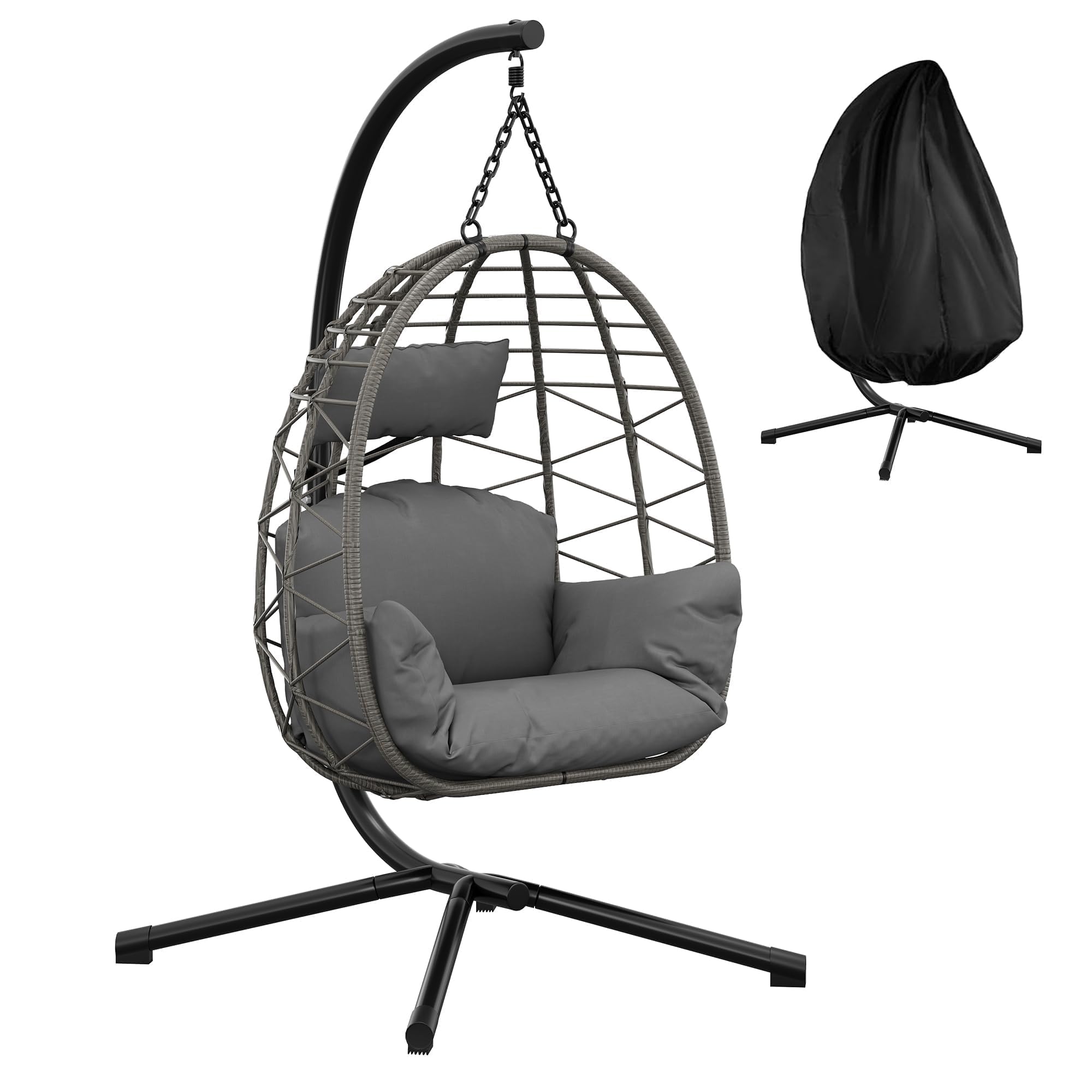 Fauteuil Suspendu en Rotin Synthétique avec Support en Acier, Chaise Hamac Pliable avec Coussin Épais et Housse de Protection Imperméable Balancelle de Intérieur et Extérieur, Jardin, Balcon ou Salon