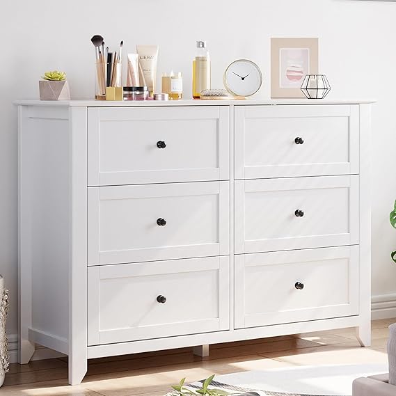 GarveeHome White Dresser for Bedroom, 6 Chest of Drawer Dresser for 48 inch TV, Modern Wood Organizer TV Stand for Living Room, Closet Storage, Entryway, Hallway
