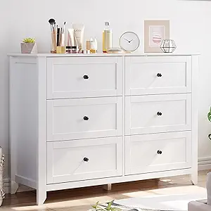 GarveeHome White Dresser for Bedroom, 6 Chest of Drawer Dresser for 48 inch TV, Modern Wood Organizer TV Stand for Living Room, Closet Storage, Entryway, Hallway