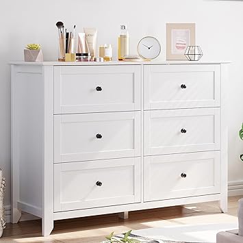 GarveeHome White Dresser for Bedroom, 6 Chest of Drawer Dresser for 48 inch TV, Modern Wood Organizer TV Stand for Living Room, Closet Storage, Entryway, Hallway