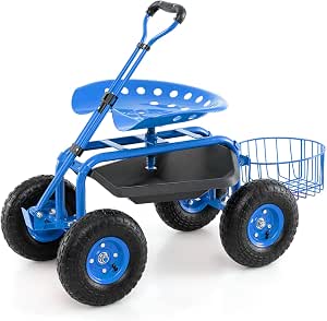 IRONMAX Rolling Garden Cart with Seat and Adjustable Handle, Blue