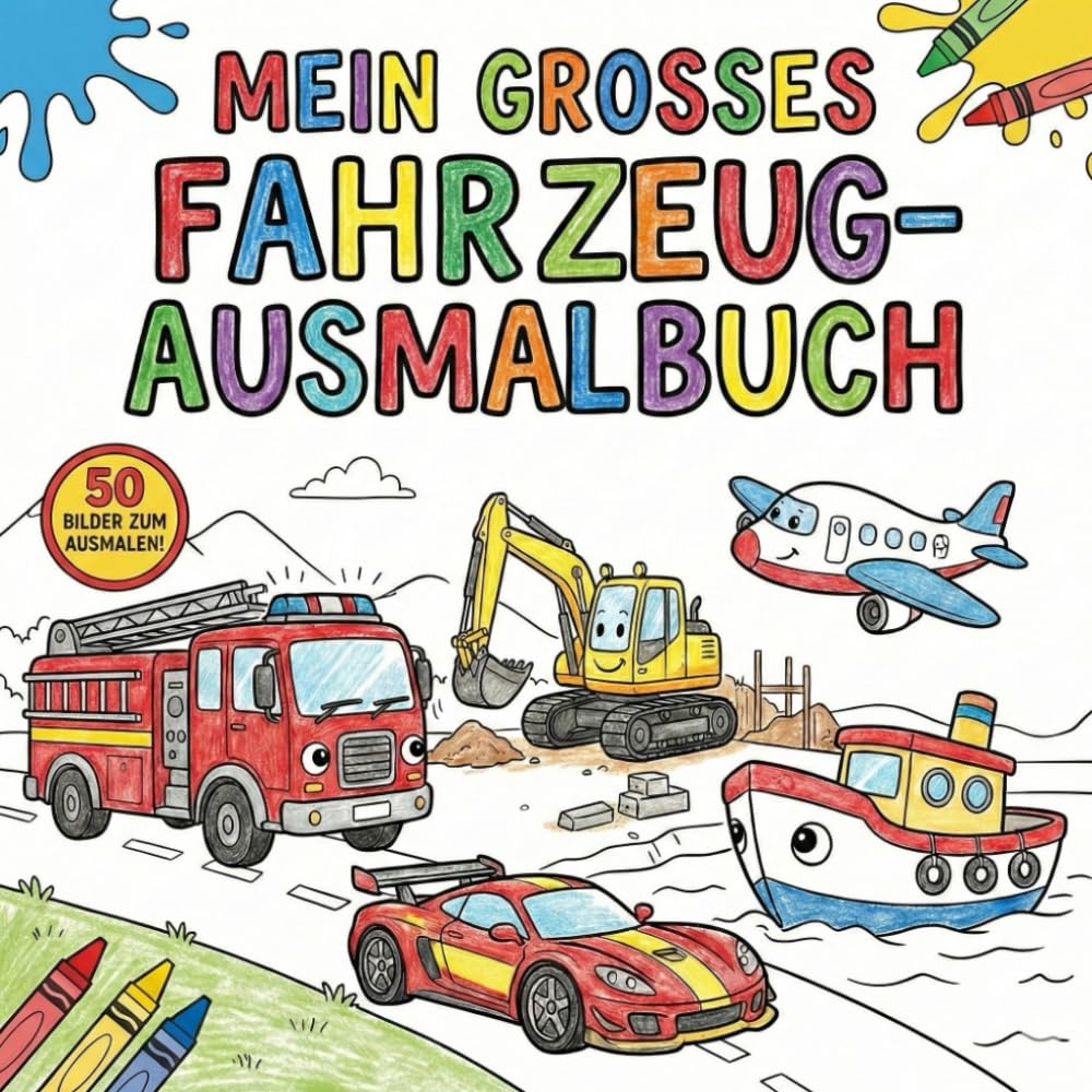 Mein grosses Fahrzeug-Ausmalbuch: Malbuch für Kinder ab 3 Jahren mit Autos, Baggern, Traktoren & Flugzeugen – Einfache Motive zur Förderung der Motorik und Kreativität