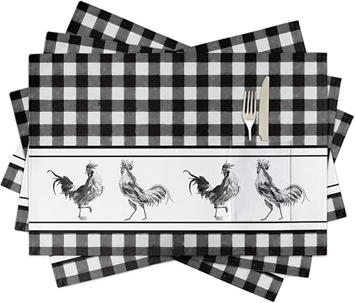 Juego de 4 manteles individuales de mesa de gallo para mesa de comedor, manteles individuales de algodón y lino con bolsillo, lavable de arpillera