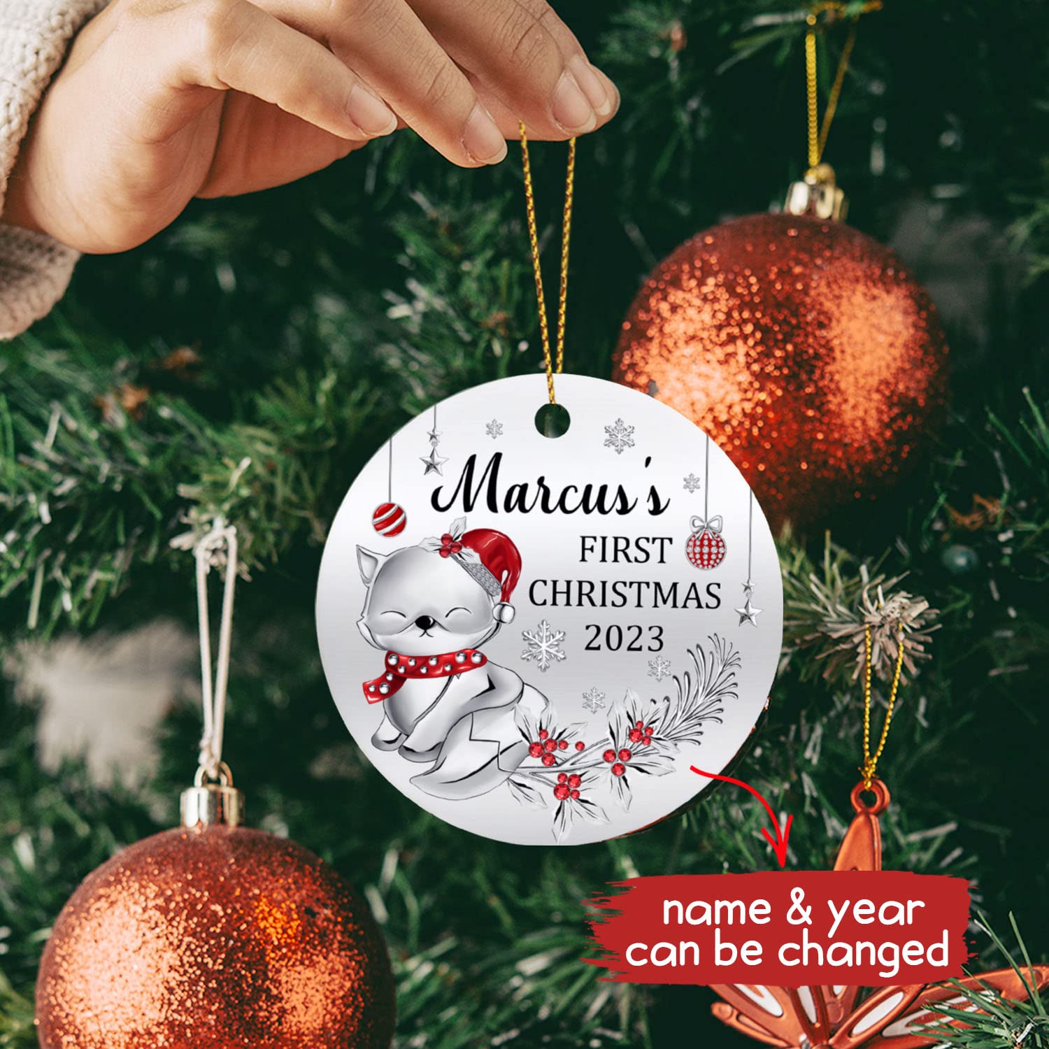 Fox Baby's First Christmas Tree Decoration Printed Ornament 2025, Personalized Fox Baby 1st Christmas Ornament Gift for Baby Girl, Baby Boy, Newborn, Customized Name Fox Baby Christmas Ornament