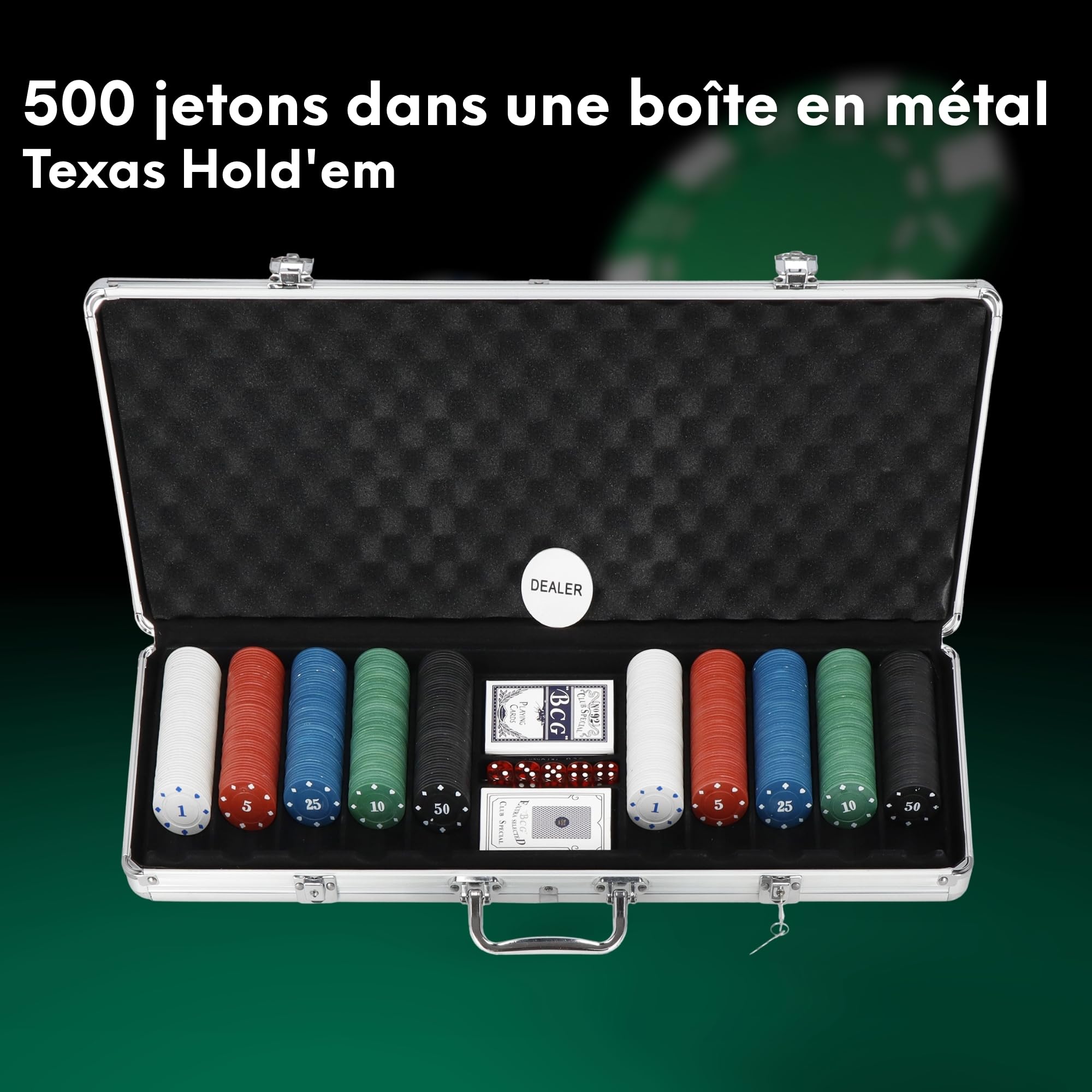 SPRINGOS Jeu de poker, 500 jetons, 2 jeux de cartes, 5 dés, étui inclus