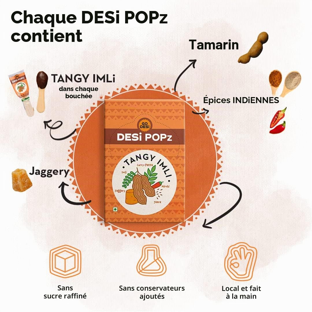 GO DESi Imli Piquant | Bonbons au tamarin et au jaggery | Bonbons aux fruits | Bonbon Imli | Imli Pop | Sucette | Bonbon digestif, (50 pièces) 450 g