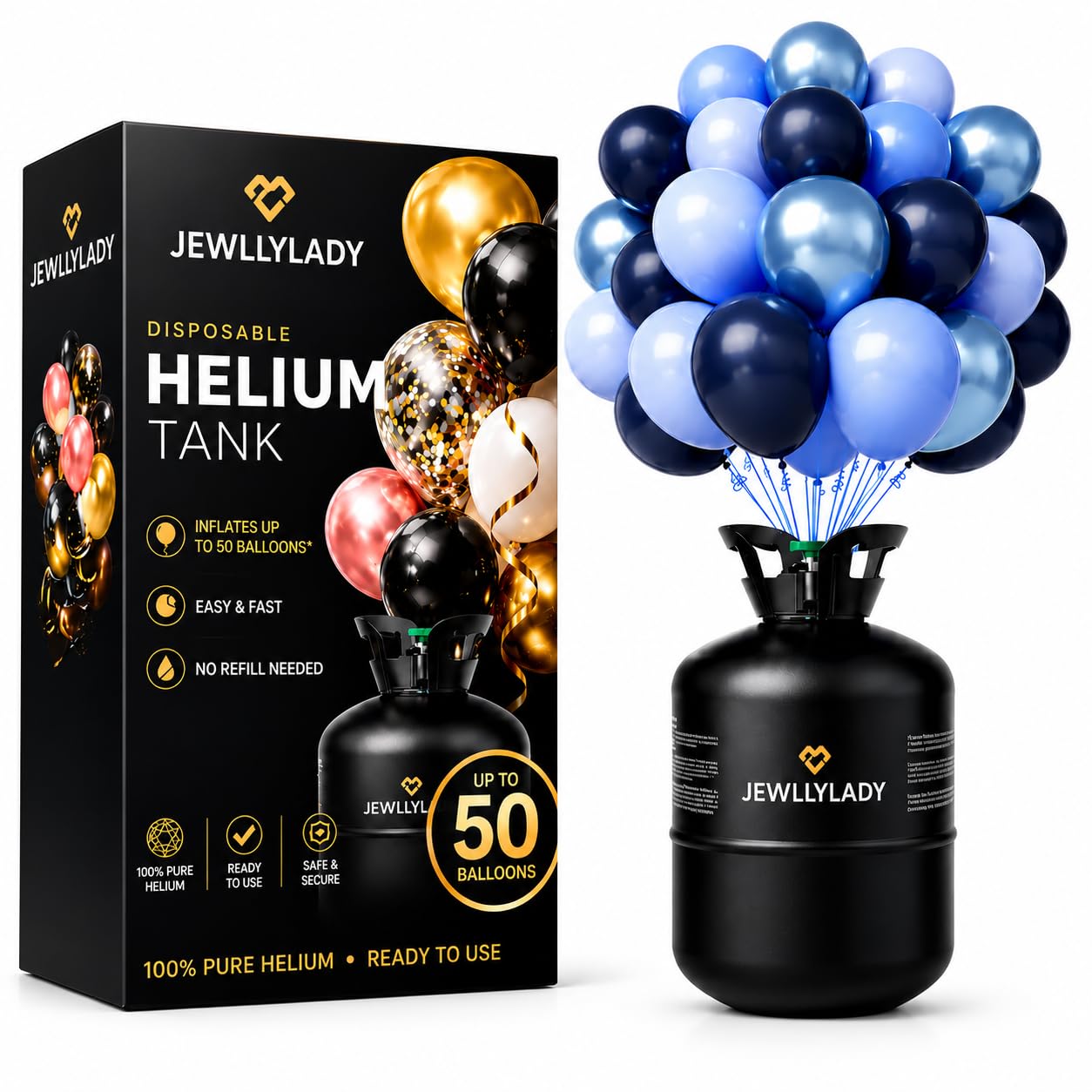 JEWLLYLADY Disposable Helium Tank, 100% Pure Helium, Inflates up to 50 Balloons, with Ribbon, Glue Dots & Balloon Knotters, for Birthdays, Weddings & Celebrations