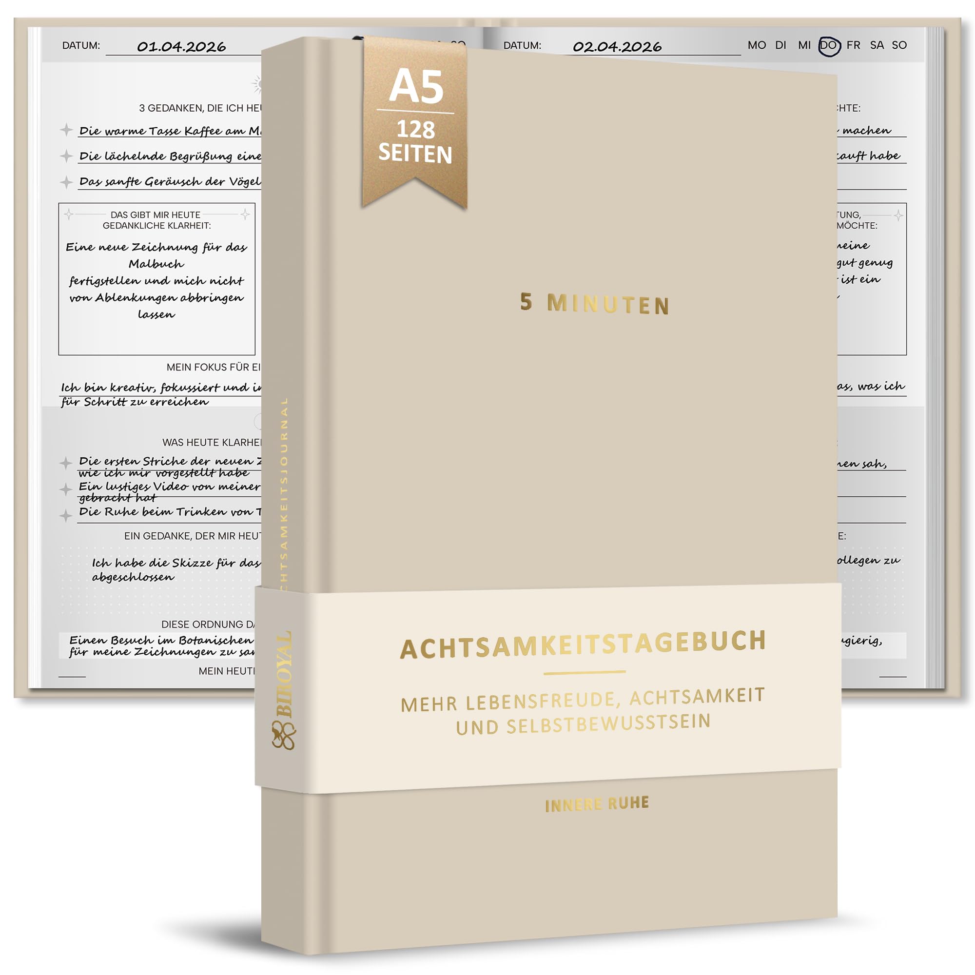 BIROYAL Tagebuch für Erwachsene, 5 Minuten Tagebuch A5-12 Wochen Dankbarkeitstagebuch mit 150g Premium Papier, 128 Seiten Hardcover Achtsamkeitstagebuch, Journal für Selbsterliebe & Motivation