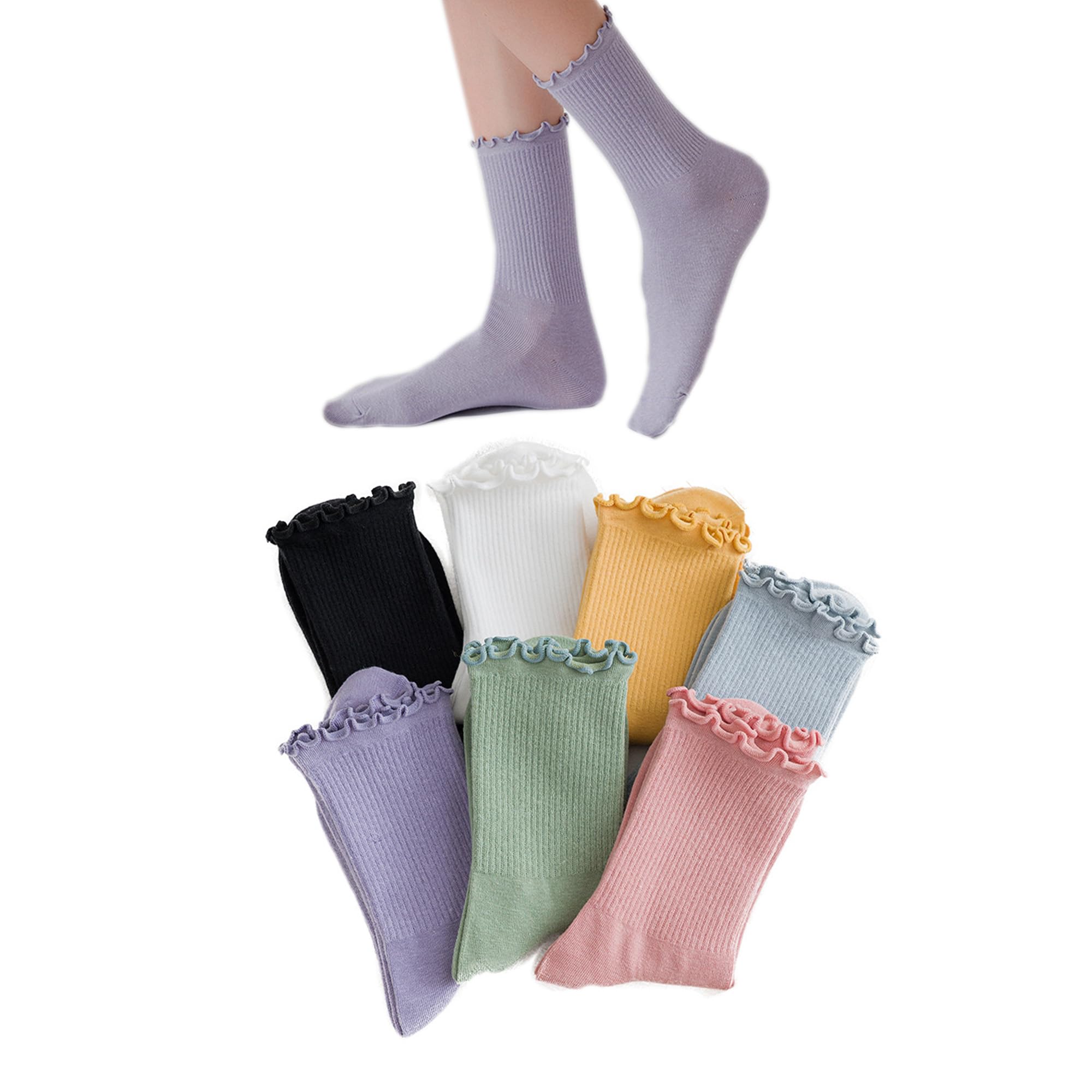 CazDopaM Ruffle Socks - Women's White Cotton Socks with Lettuce Edge