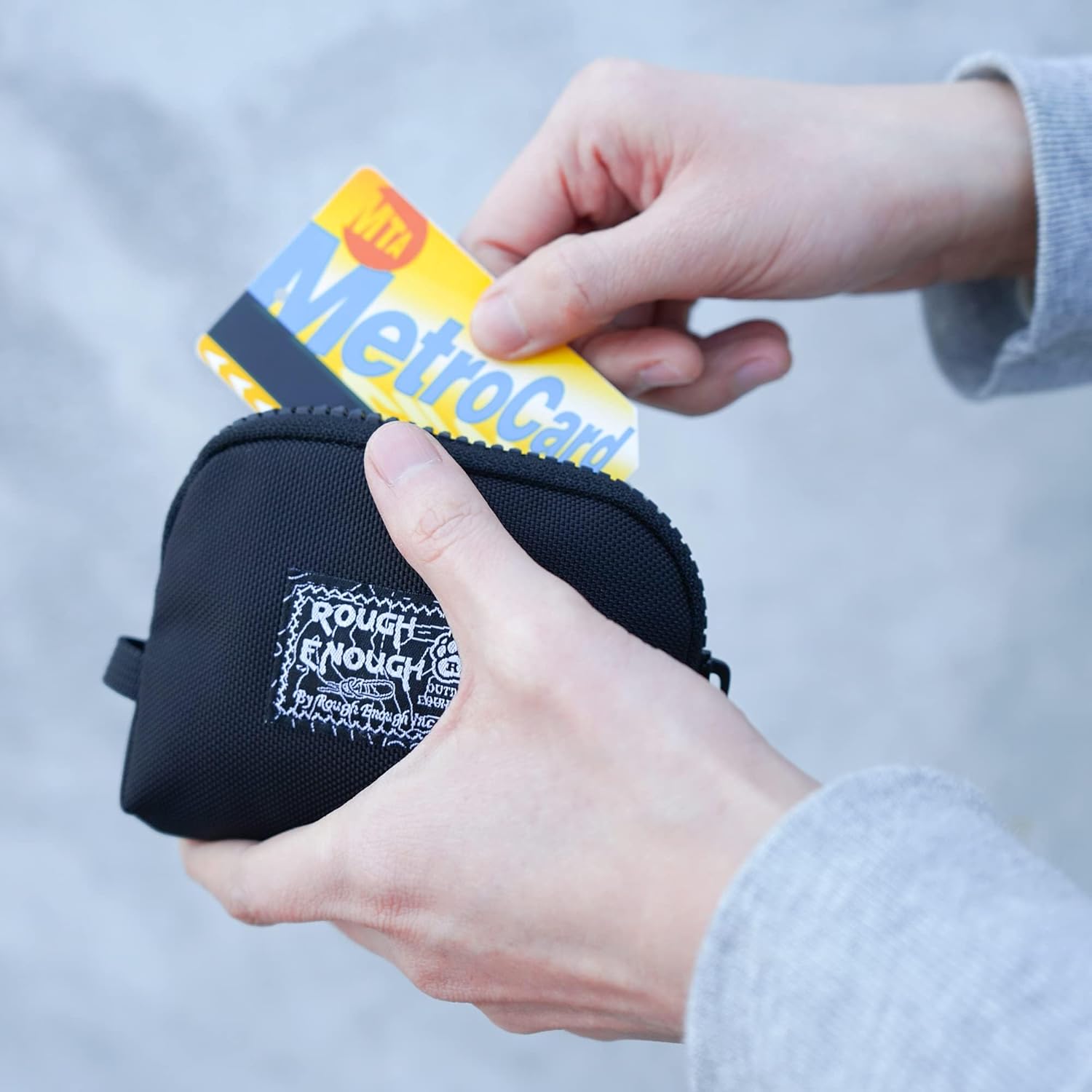 Rough Enough Small Coin Purse Card Wallet Keychain Pouch for Men Women with Zipper Neck Lanyard Black Cordura Water Repellent