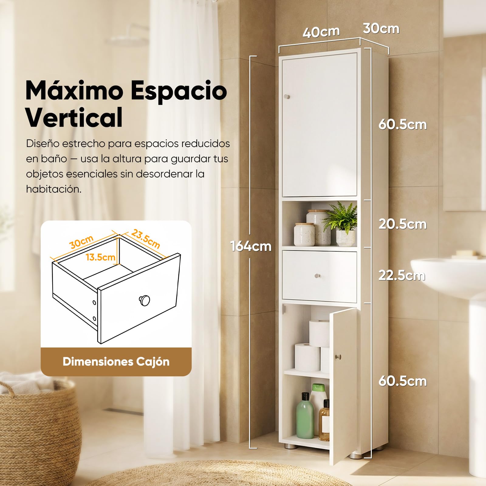 HOKEEPER Armario Estrecho y Alto para Baño, Mueble Baño Independiente con Cajón y Estanterías Ajustables
