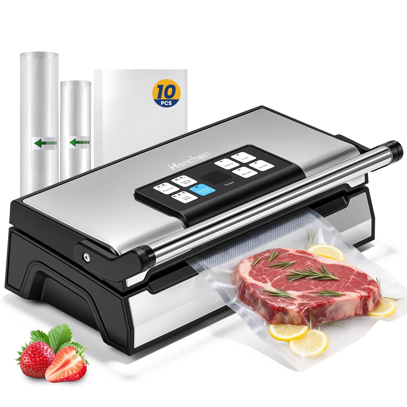 Hanchen envasadora al vacio domestica 90Kpa embasadoras vacio alimentos 30cm Doble soldadura maquina envasar al vacio selladora al vacío Incluye 2 rollos de bolsas y 10 bolsas